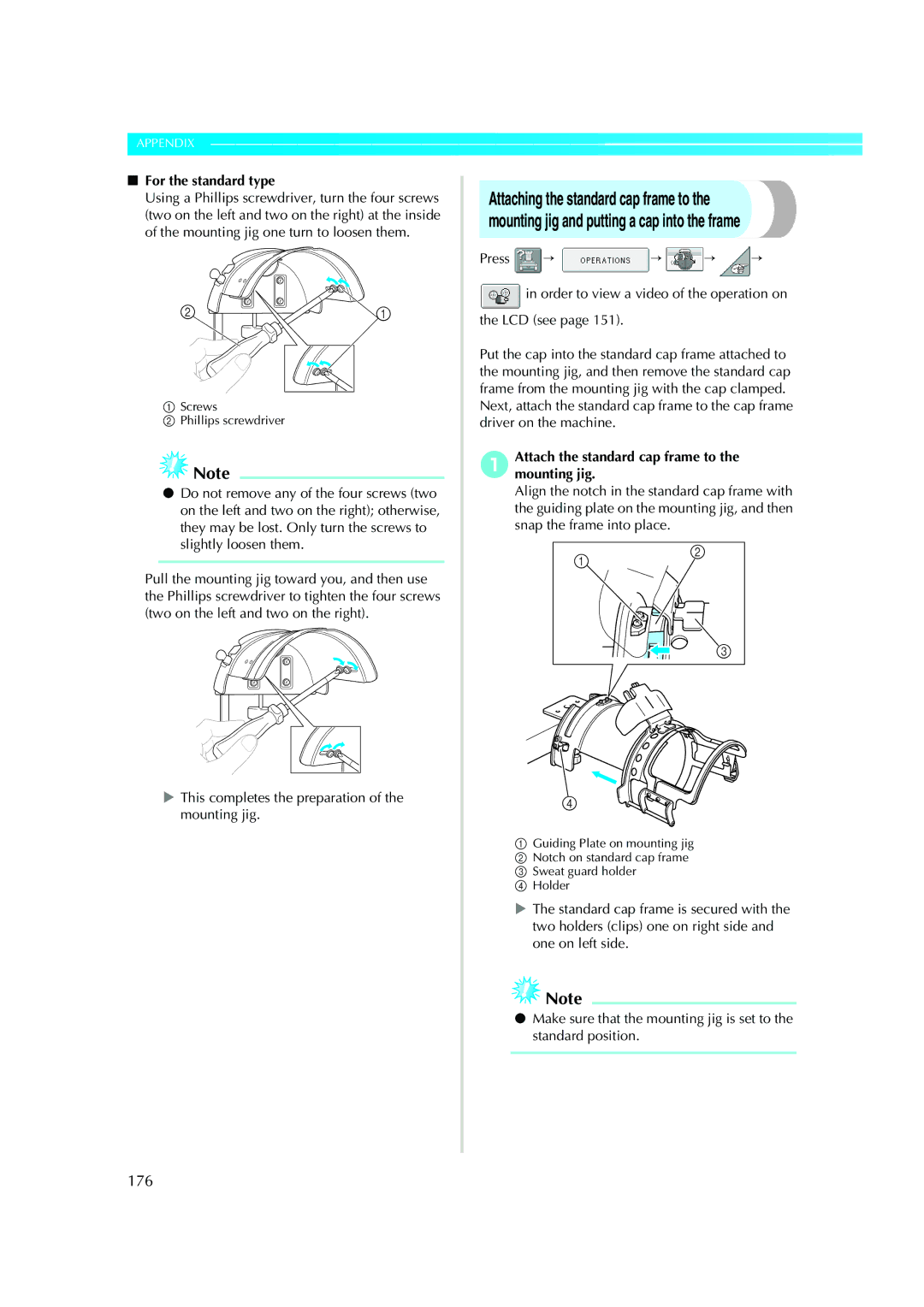 Brother PR-620 operation manual 176, For the standard type, Attach the standard cap frame to the mounting jig 