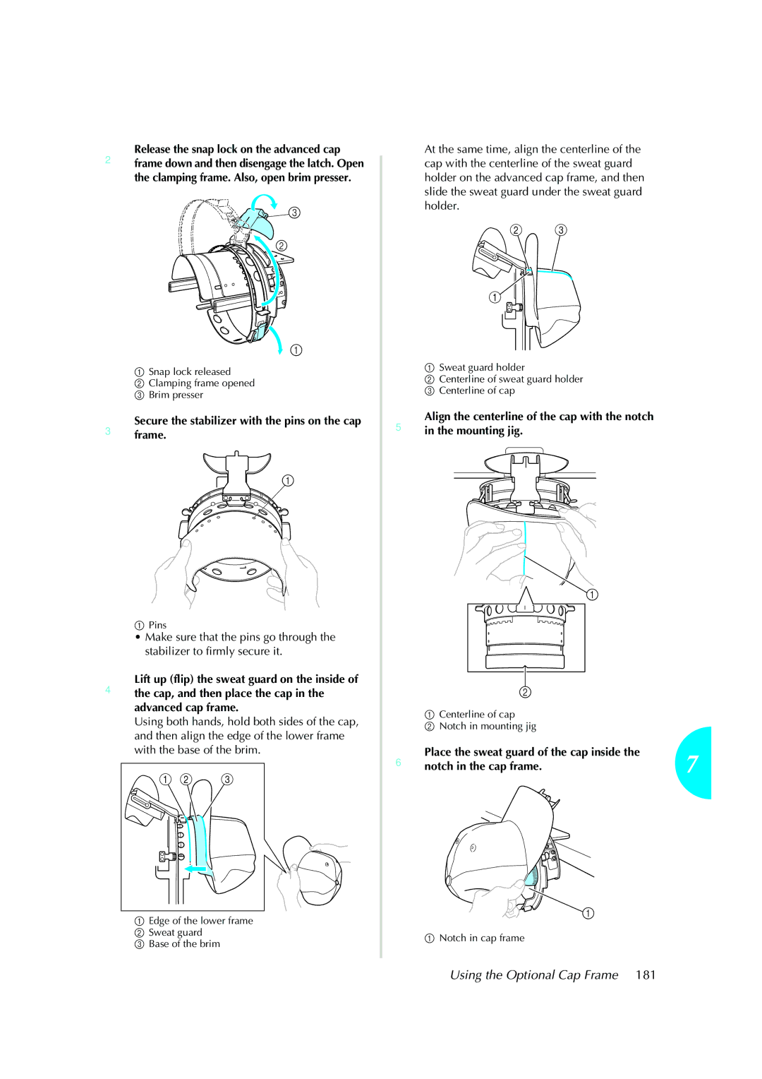 Brother PR-620 operation manual 3Secureframe. the stabilizer with the pins on the cap 