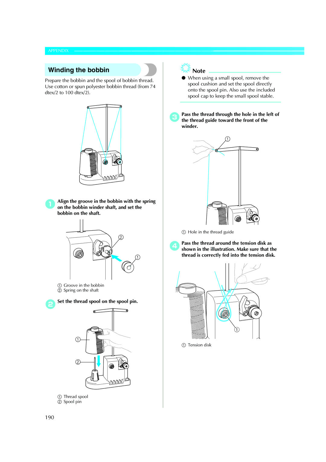 Brother PR-620 operation manual Winding the bobbin, 190, 2Set the thread spool on the spool pin 