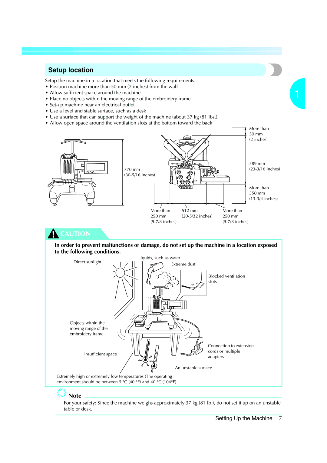 Brother PR-620 operation manual Setup location, Setting Up the Machine 