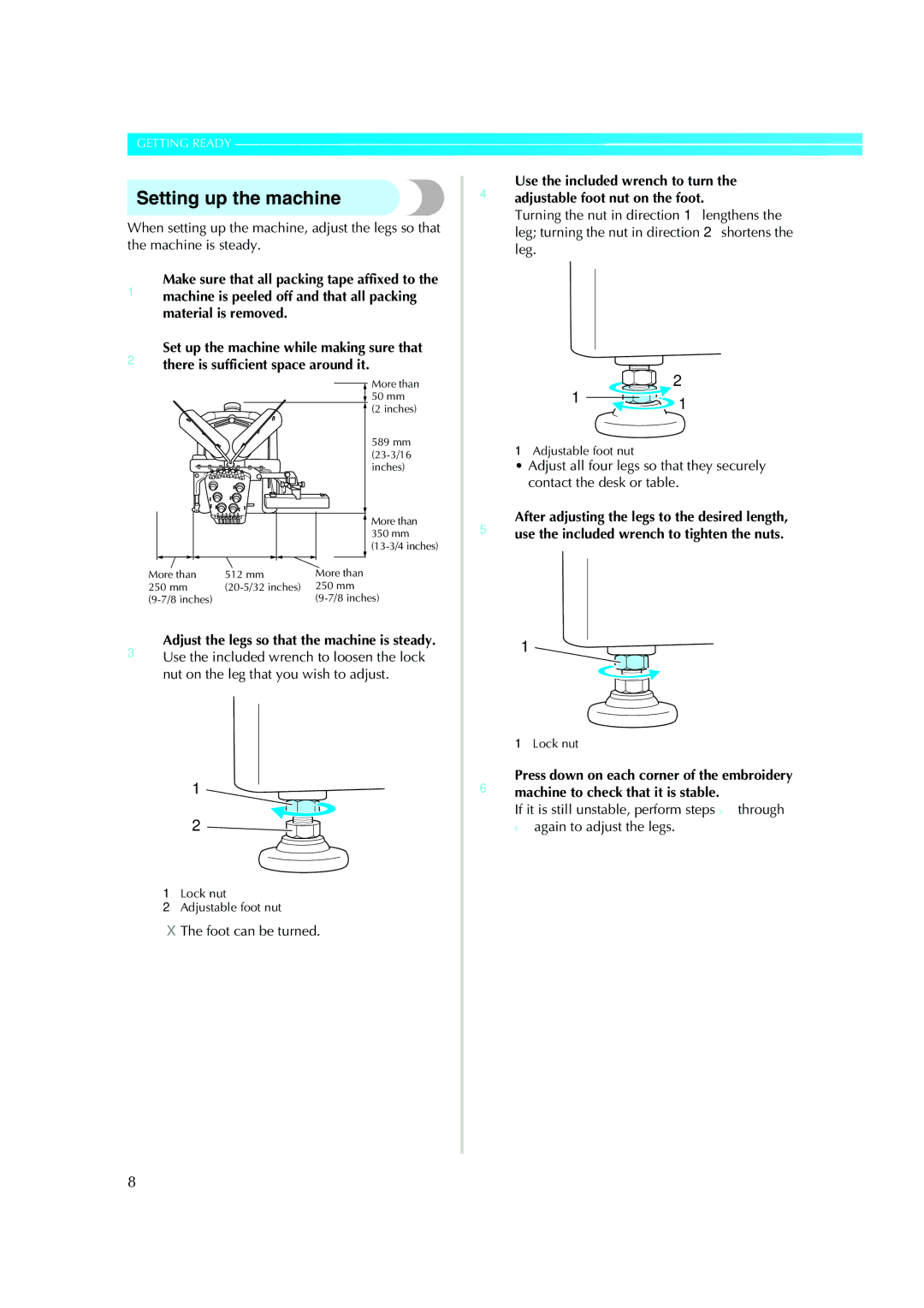 Brother PR-620 operation manual Setting up the machine, Foot can be turned 