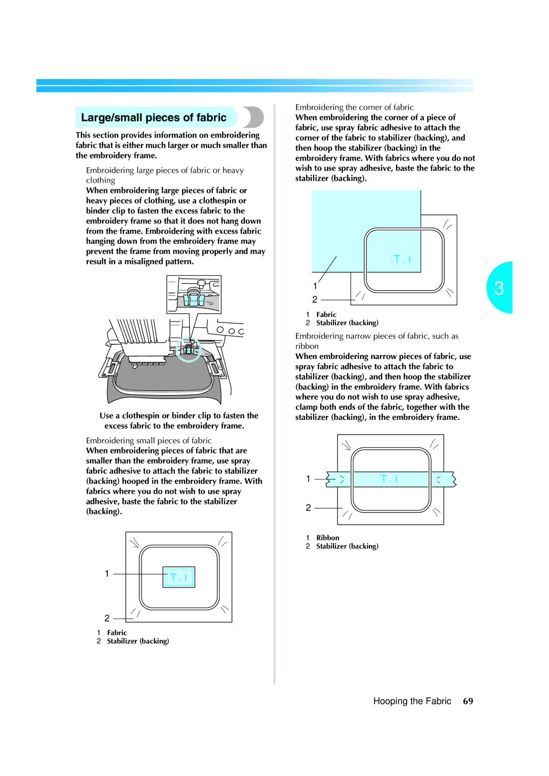 Brother PR-620 operation manual Large/small pieces of fabric, Embroidering large pieces of fabric or heavy clothing 