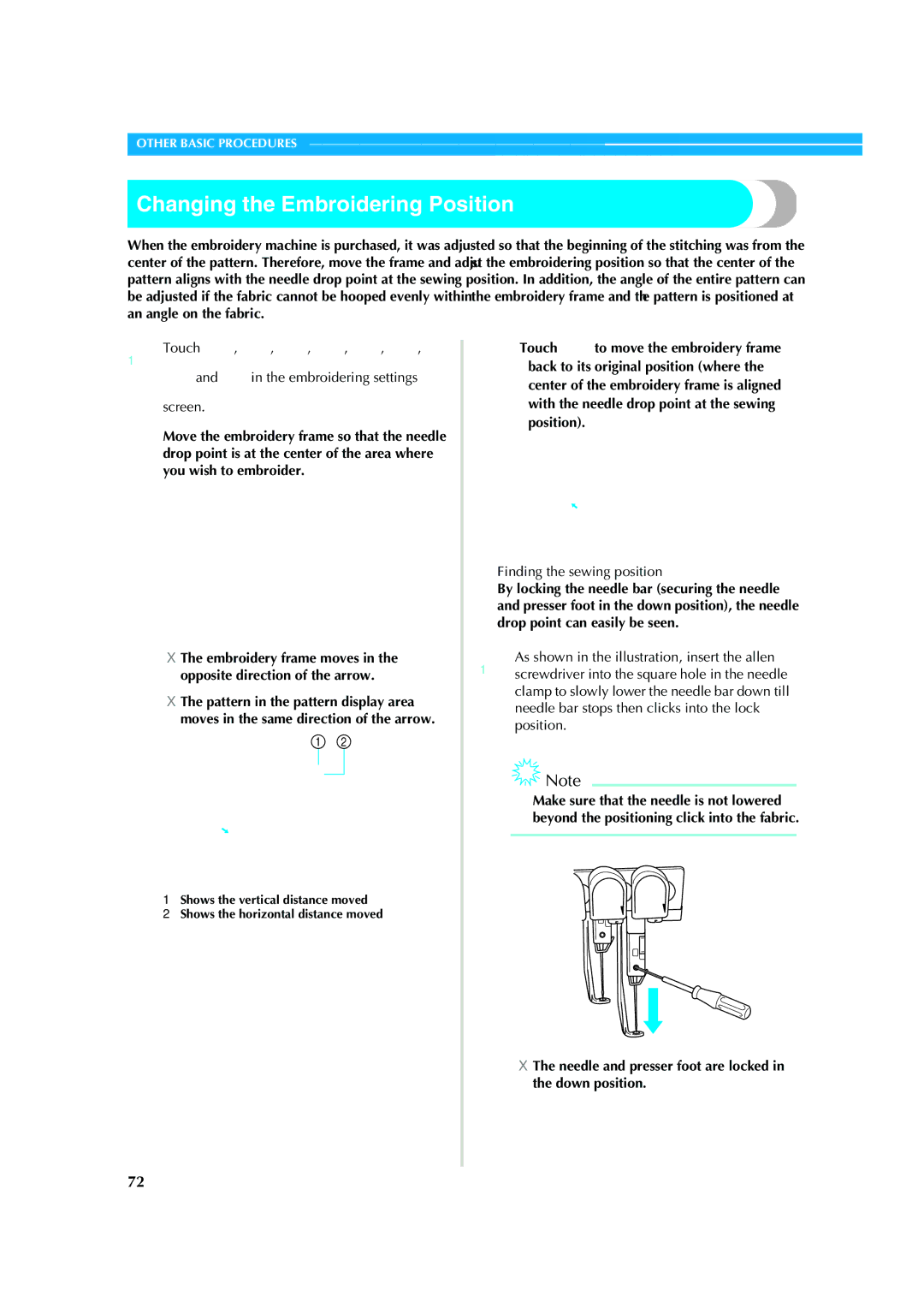 Brother PR-620 Changing the Embroidering Position, Touch Embroidering settings screen, Finding the sewing position 