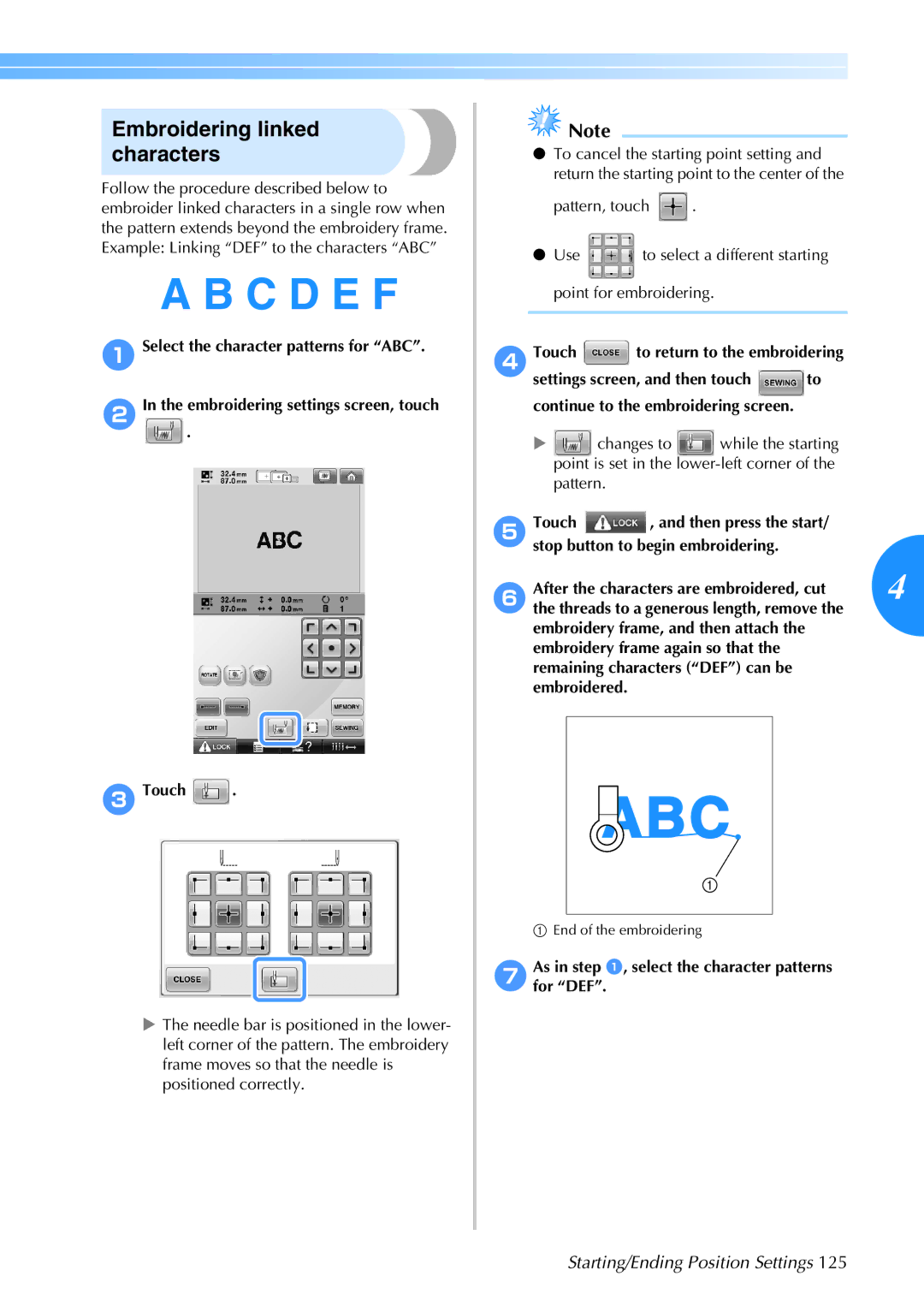 Brother 884-T05, PR-650 operation manual Embroidering linked characters, Pattern, touch Use, Point for embroidering 