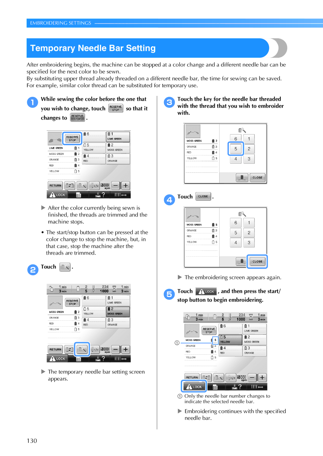 Brother PR-650, 884-T05 operation manual Temporary Needle Bar Setting, 130, Temporary needle bar setting screen appears 