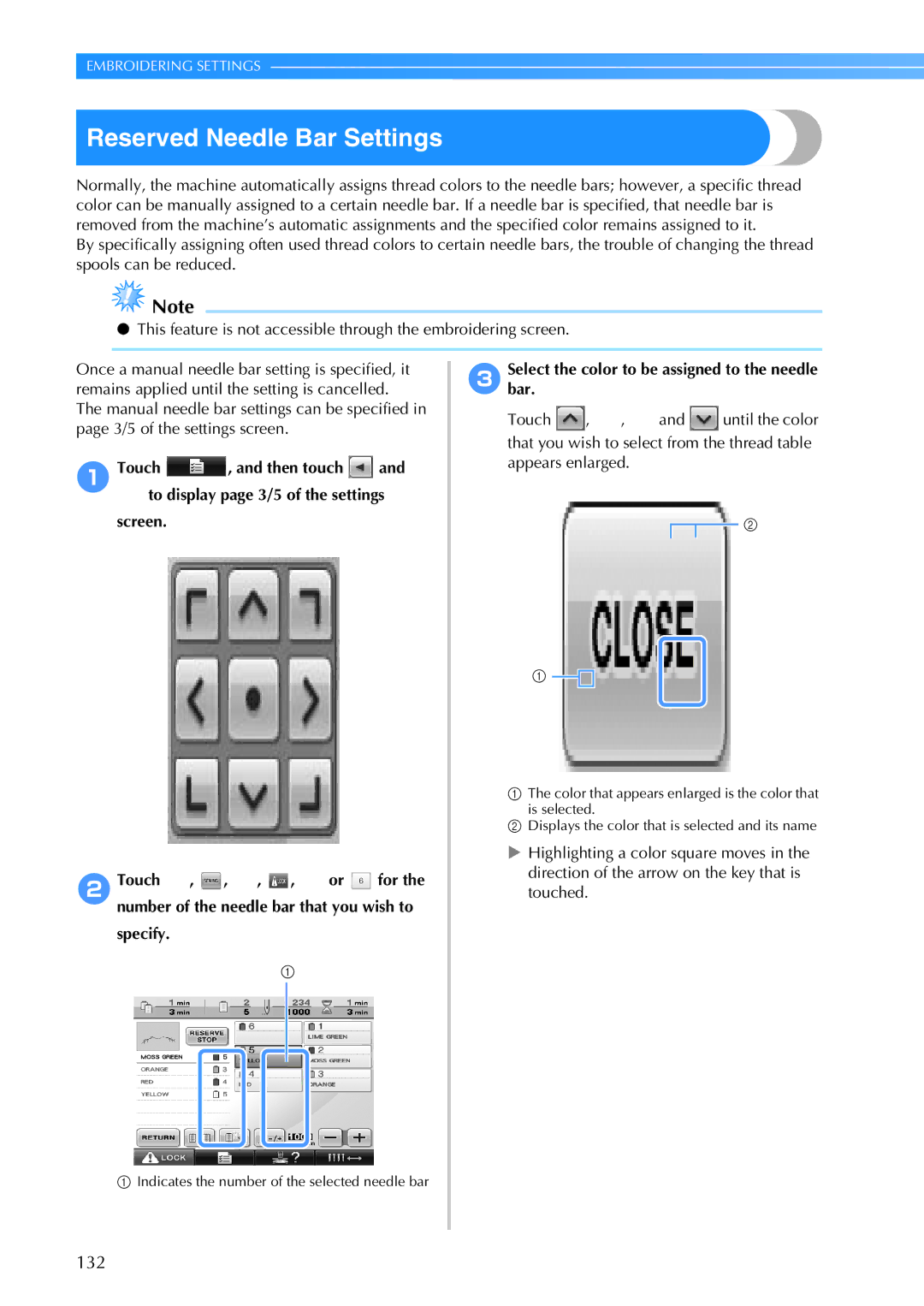 Brother PR-650, 884-T05 operation manual Reserved Needle Bar Settings, 132 