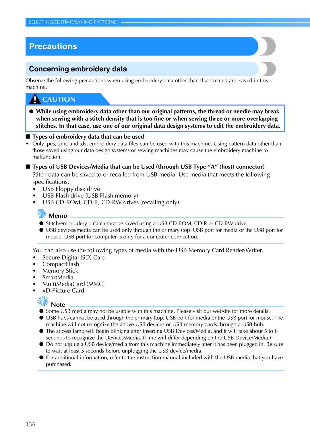 Brother PR-650, 884-T05 operation manual Precautions, Concerning embroidery data 