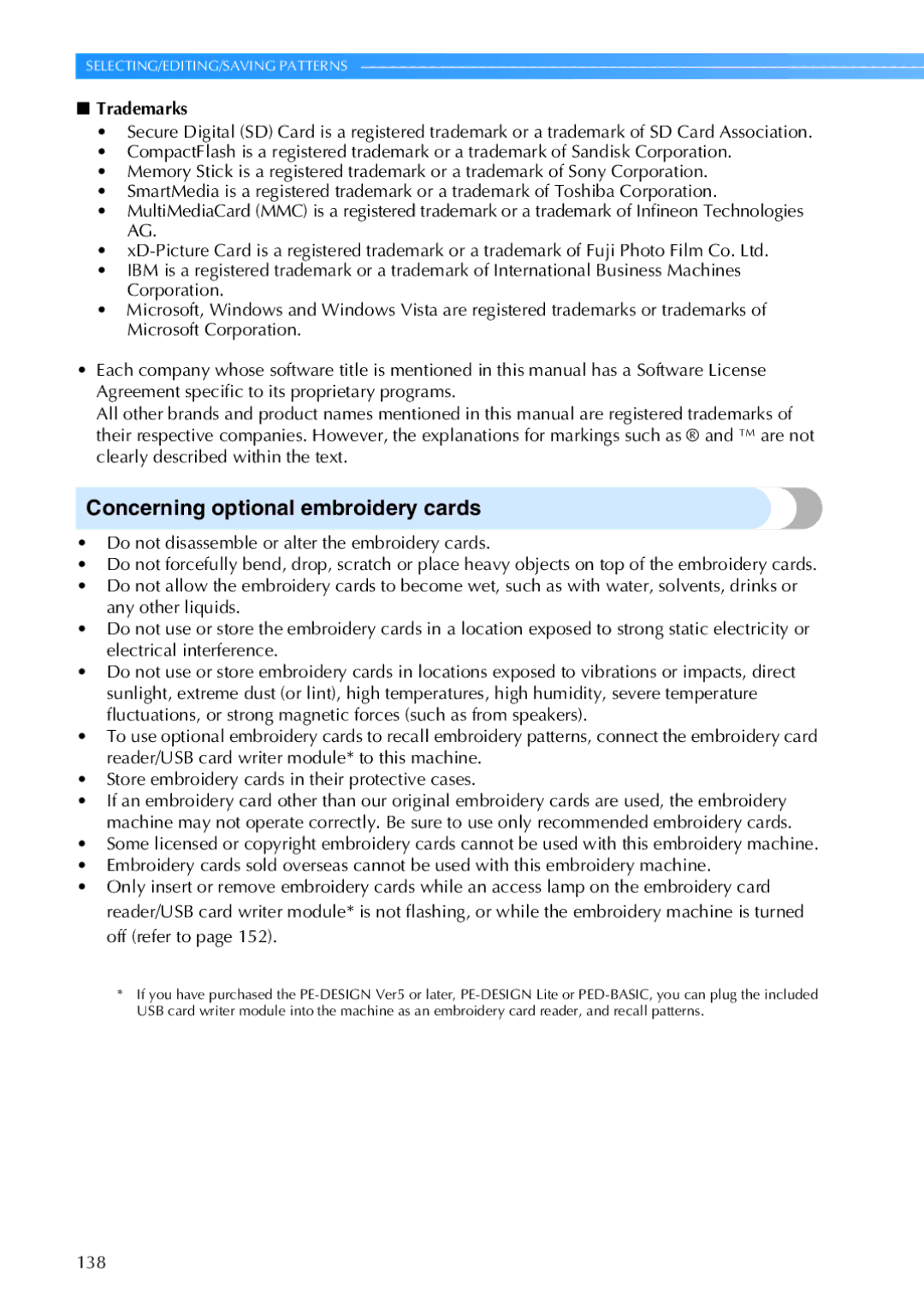 Brother PR-650, 884-T05 operation manual Concerning optional embroidery cards, Trademarks 