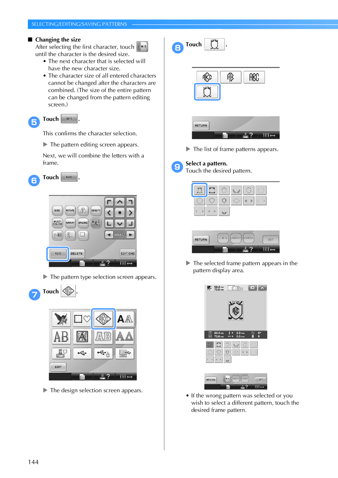 Brother PR-650, 884-T05 operation manual 144, Touch 8Touch, Select a pattern 