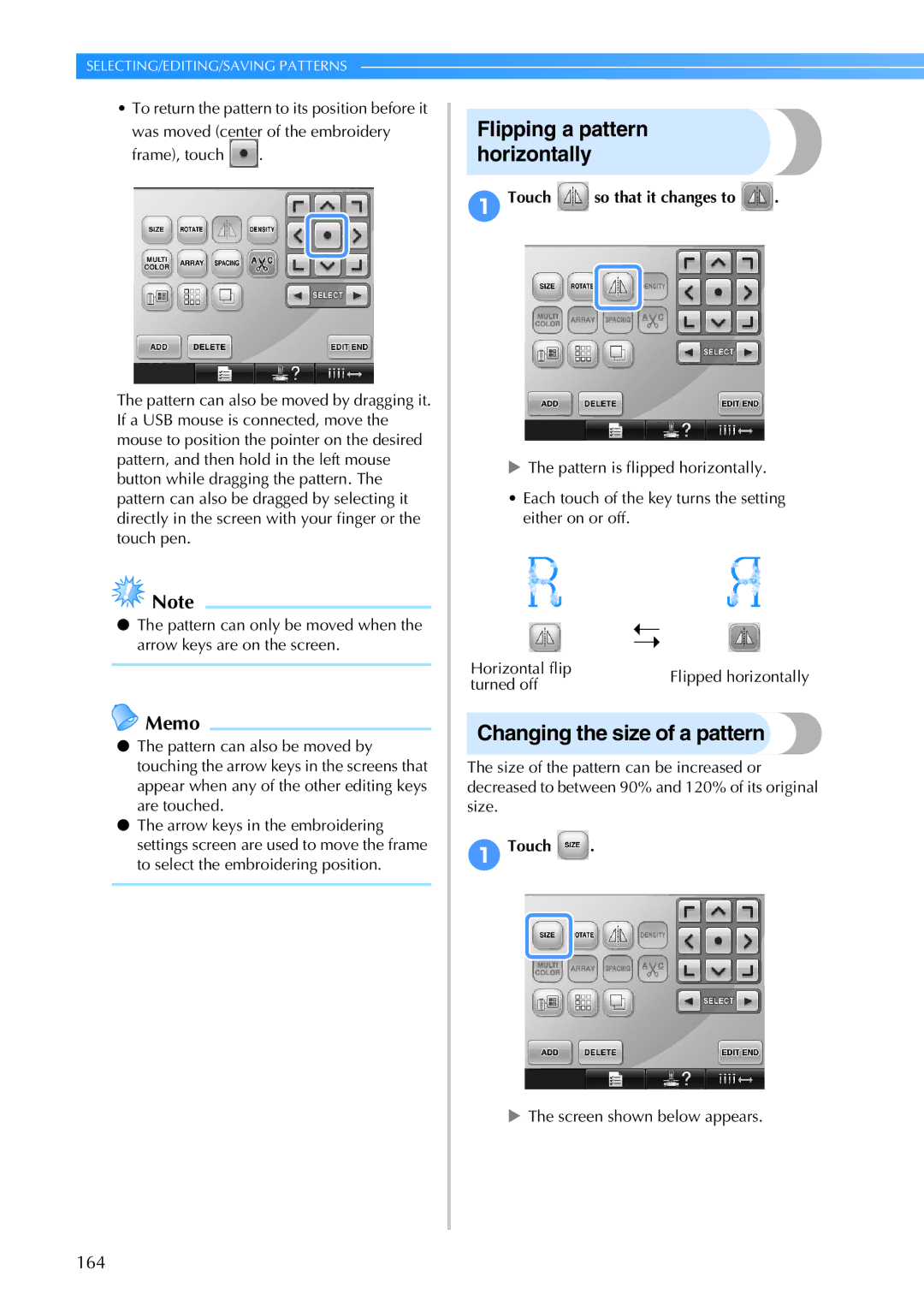 Brother PR-650, 884-T05 Flipping a pattern horizontally, Changing the size of a pattern, Touch so that it changes to 