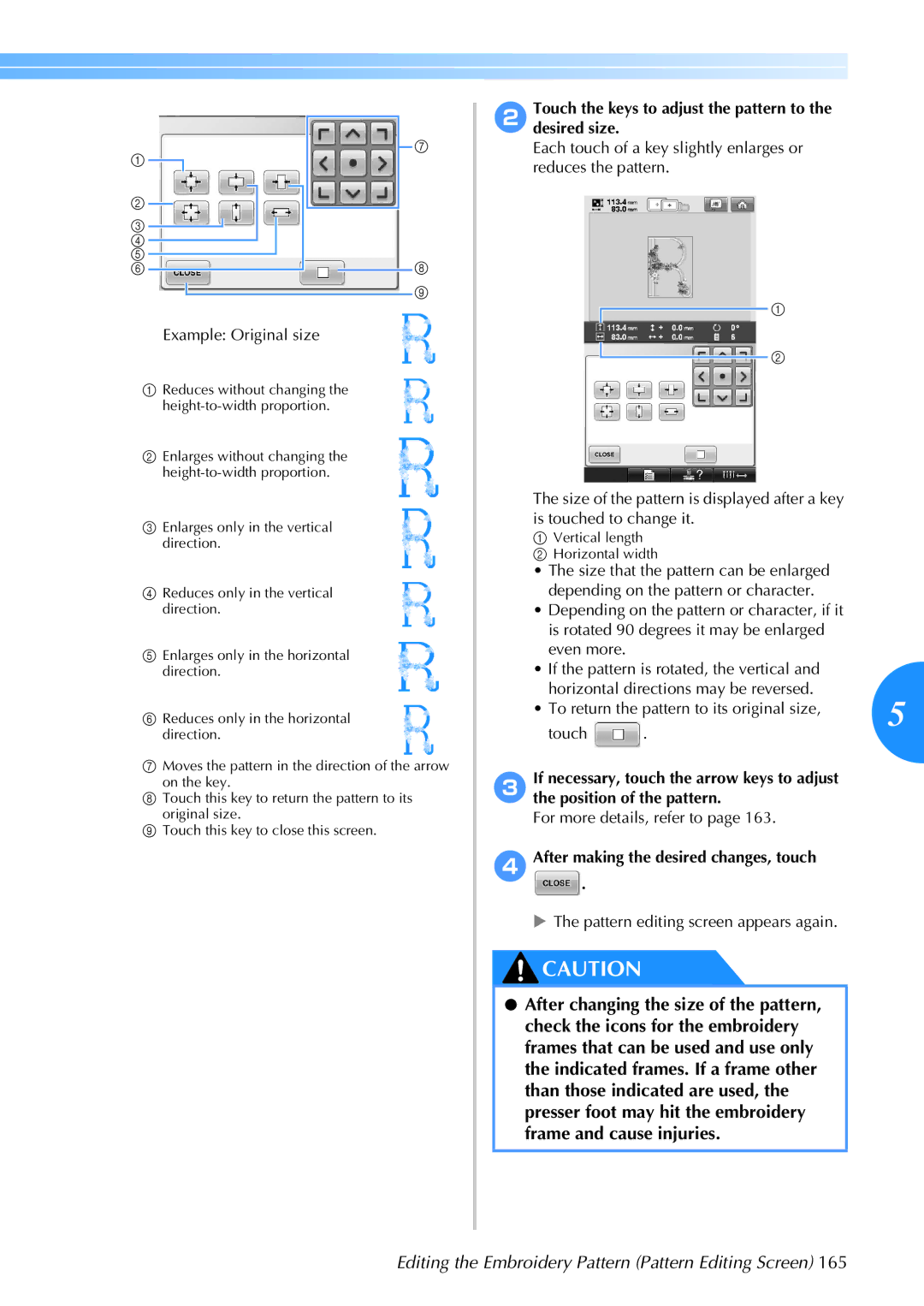 Brother 884-T05, PR-650 operation manual Example Original size, 2Touch the keys to adjust the pattern to the desired size 