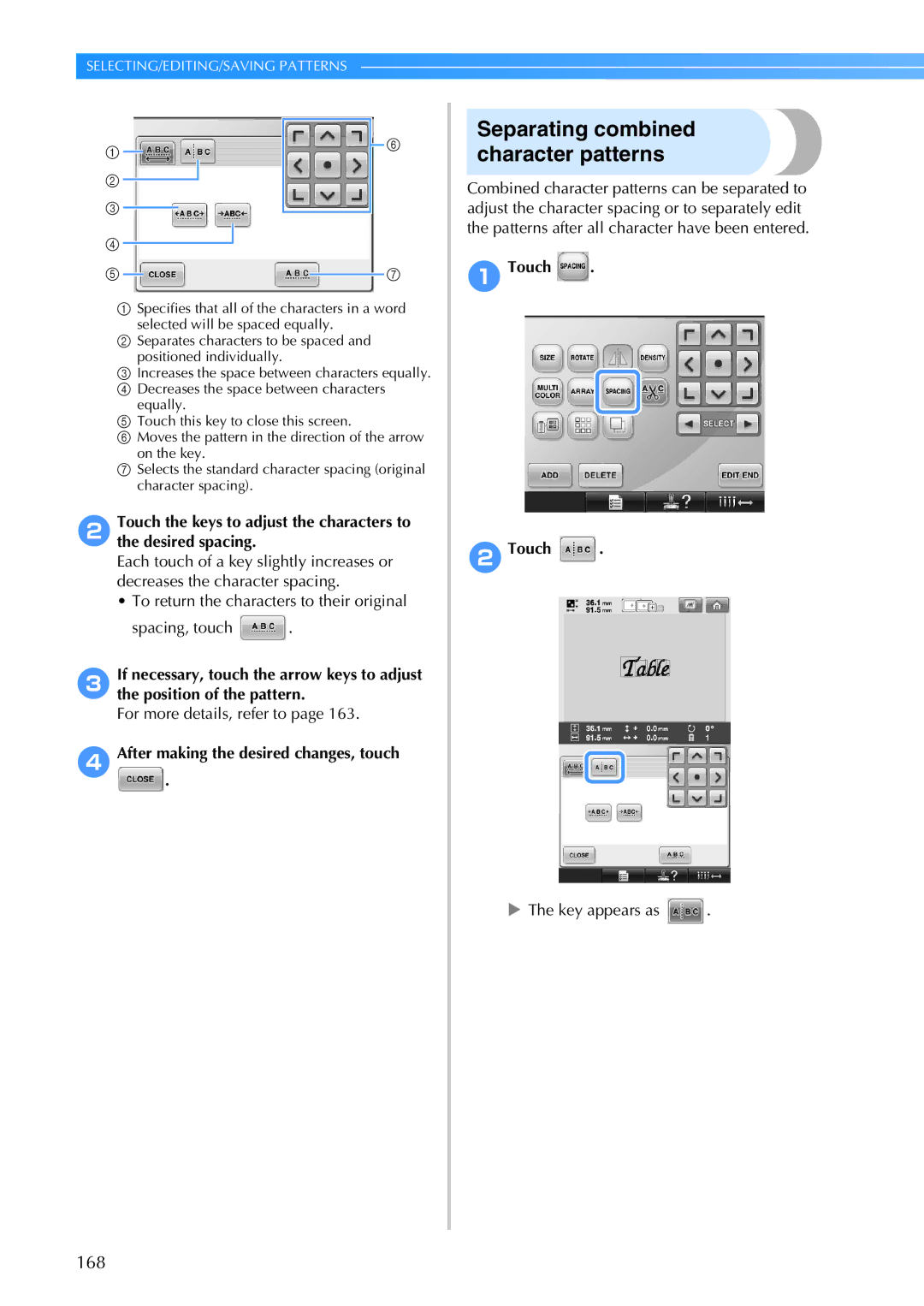 Brother PR-650, 884-T05 operation manual Separating combined character patterns, Touch 2Touch, Key appears as 