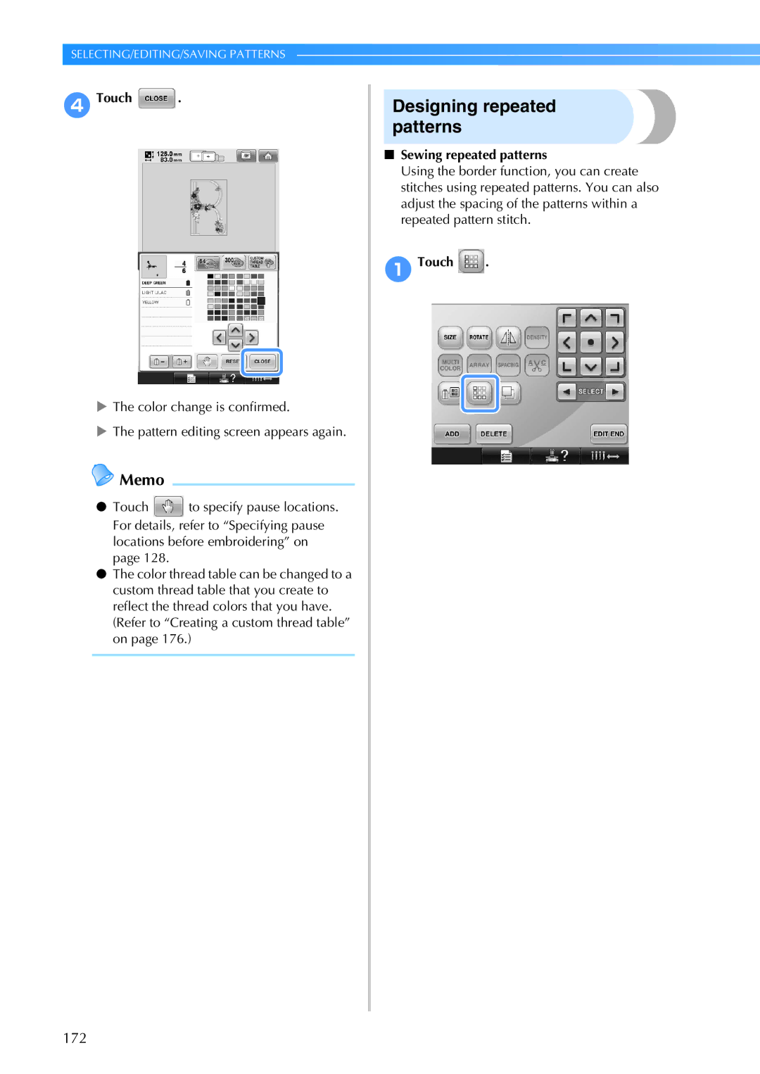 Brother PR-650, 884-T05 operation manual Designing repeated patterns, Sewing repeated patterns 