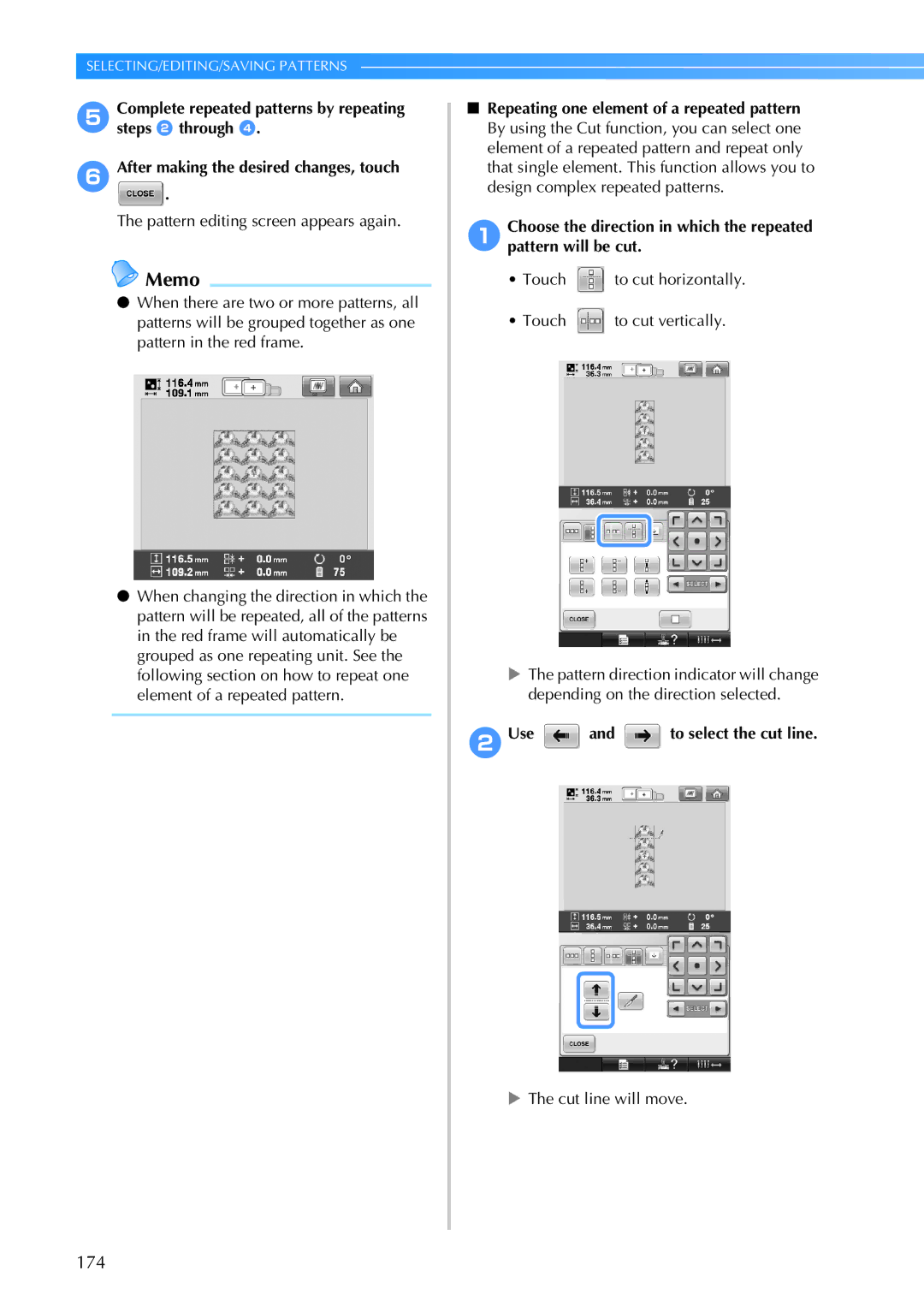 Brother PR-650 174, Touch to cut horizontally Touch to cut vertically, 2Use and to select the cut line, Cut line will move 