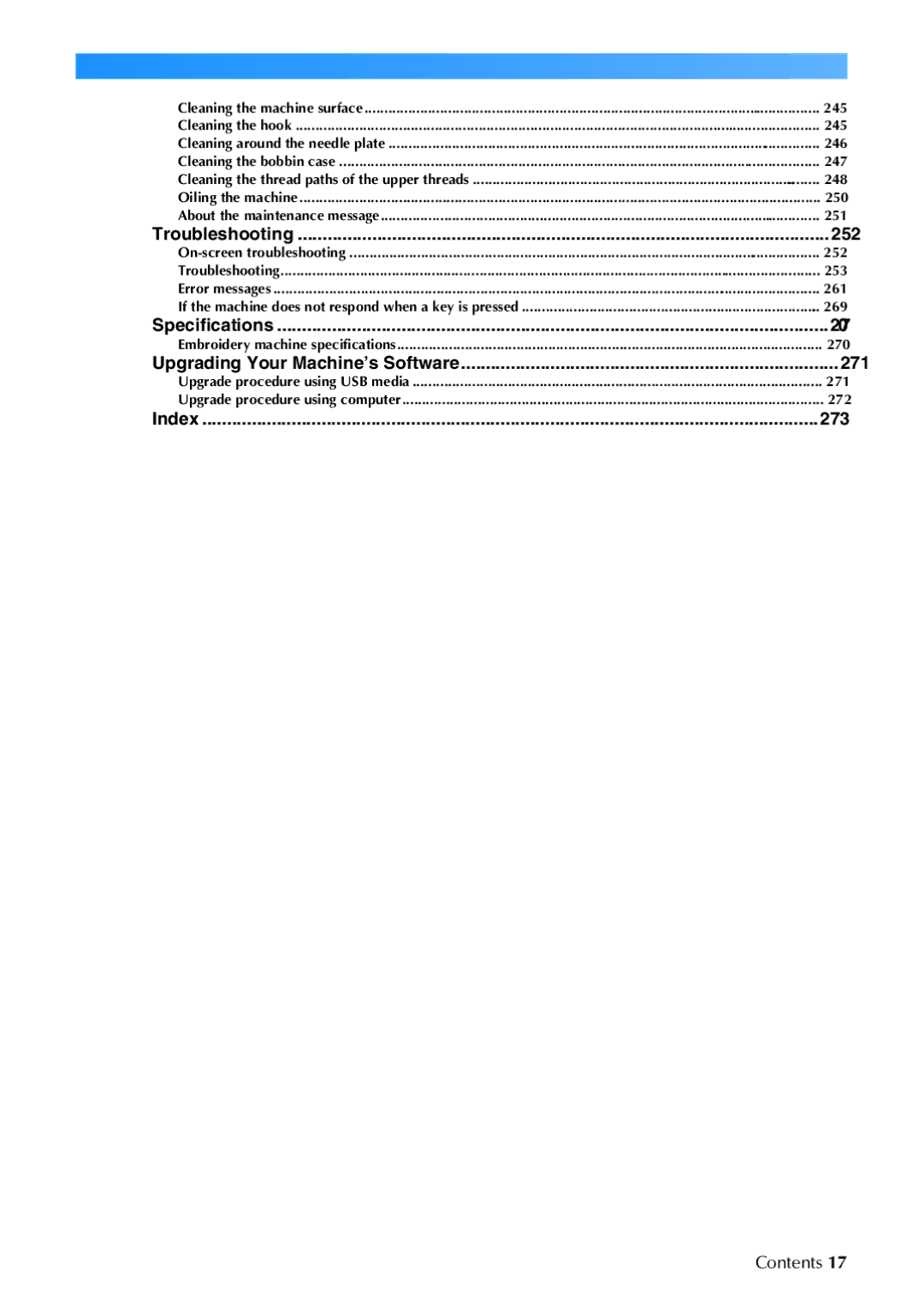 Brother 884-T05, PR-650 operation manual Troubleshooting, Specifications, Upgrading Your Machine’s Software, Index 