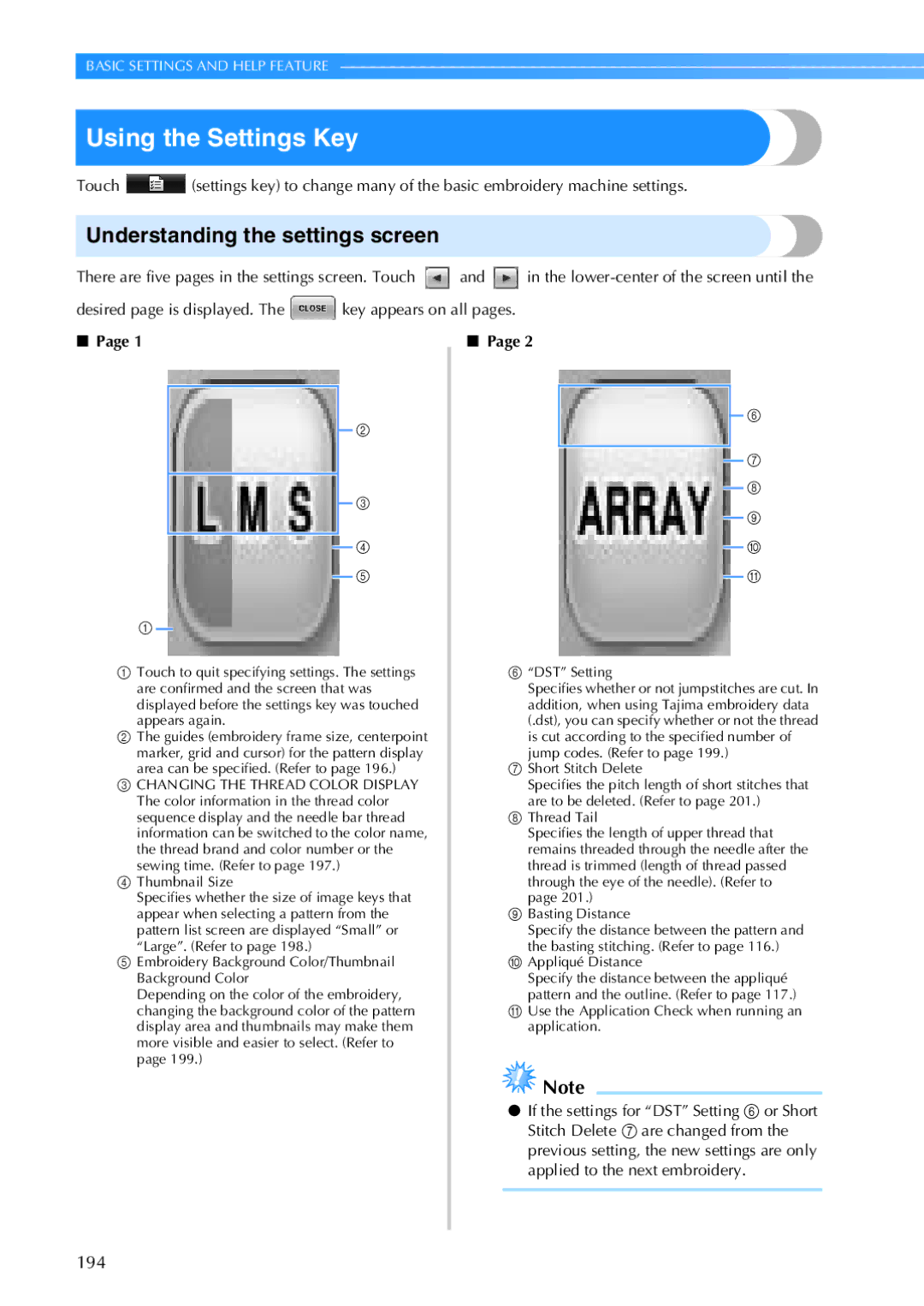 Brother PR-650, 884-T05 Using the Settings Key, Understanding the settings screen, Desired page is displayed 