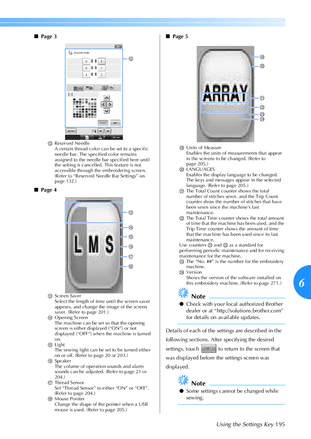 Brother 884-T05, PR-650 operation manual Using the Settings Key, Displayed Some settings cannot be changed while sewing 