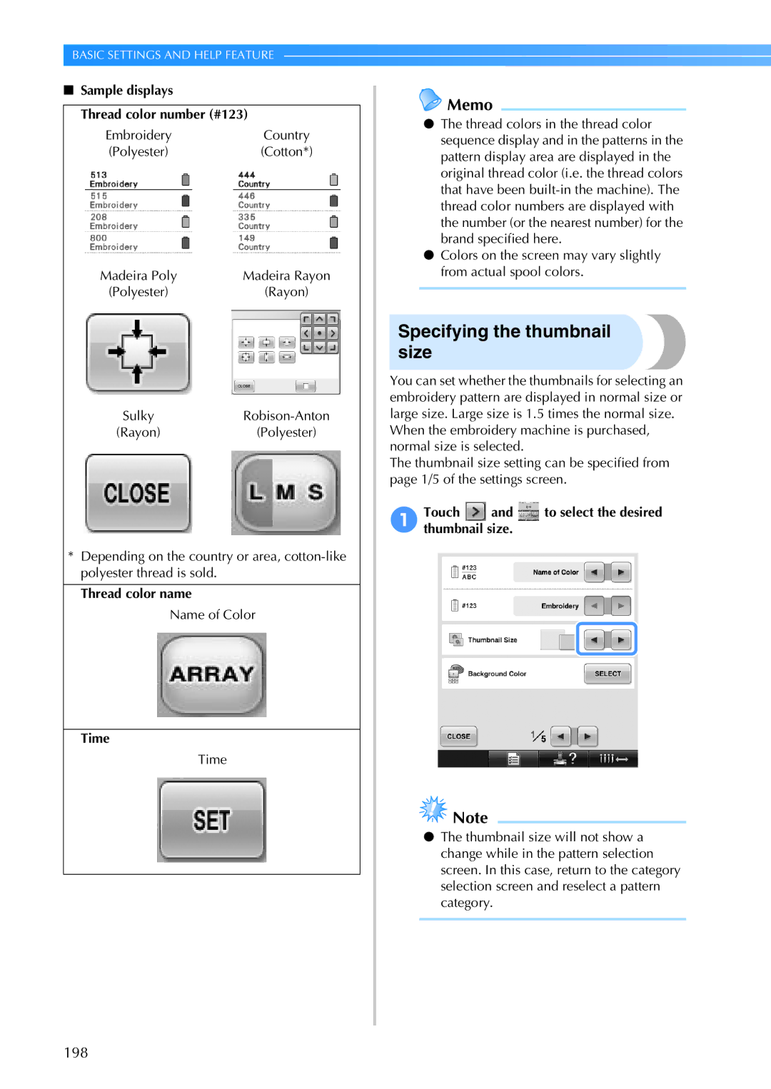 Brother PR-650, 884-T05 Specifying the thumbnail size, Sample displays Thread color number #123, Thread color name, Time 