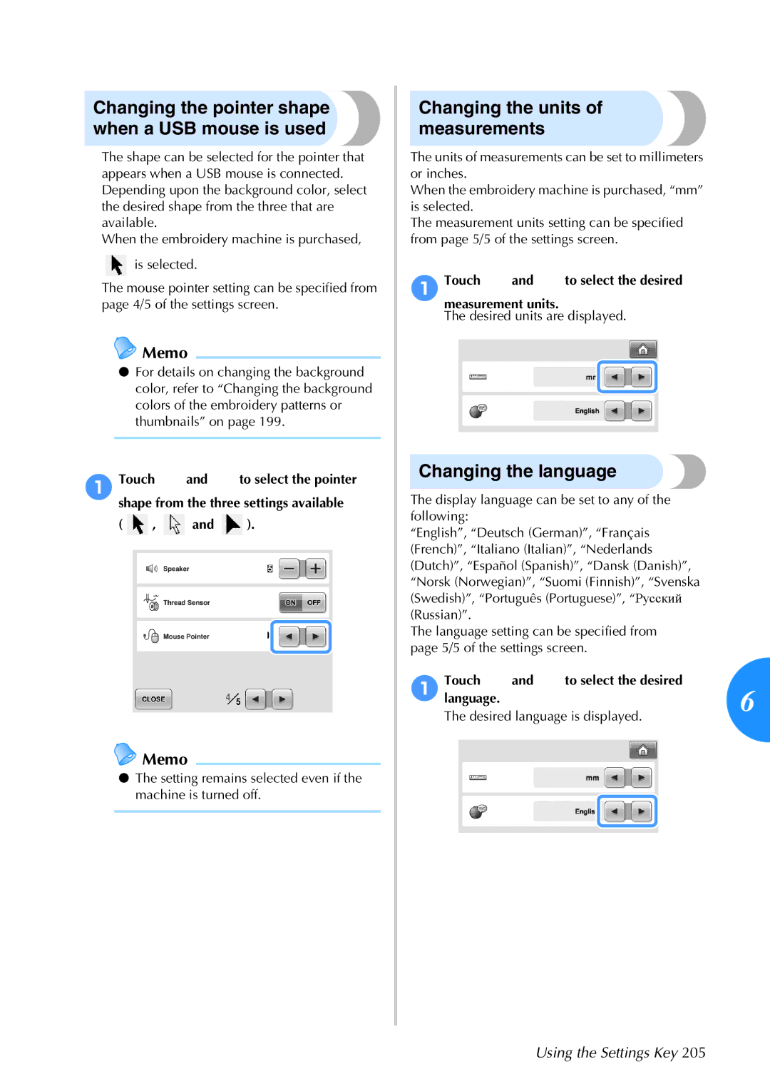 Brother 884-T05, PR-650 Changing the pointer shape when a USB mouse is used, Changing the units of measurements, Language 