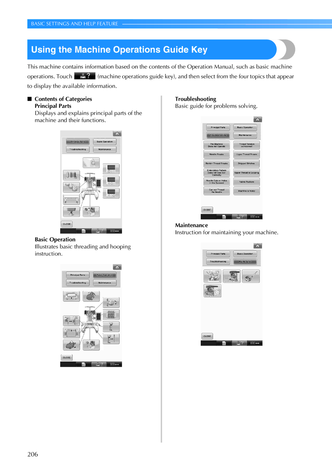 Brother PR-650, 884-T05 operation manual Using the Machine Operations Guide Key, 206, Basic Operation 