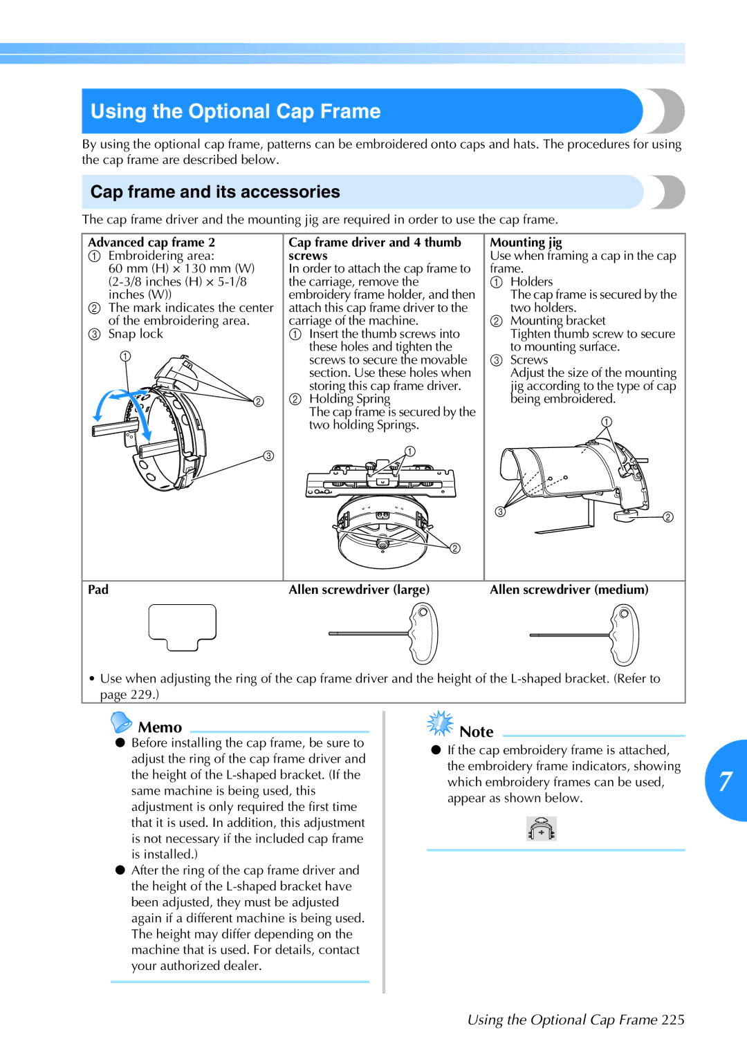 Brother 884-T05, PR-650 operation manual Using the Optional Cap Frame, Cap frame and its accessories 