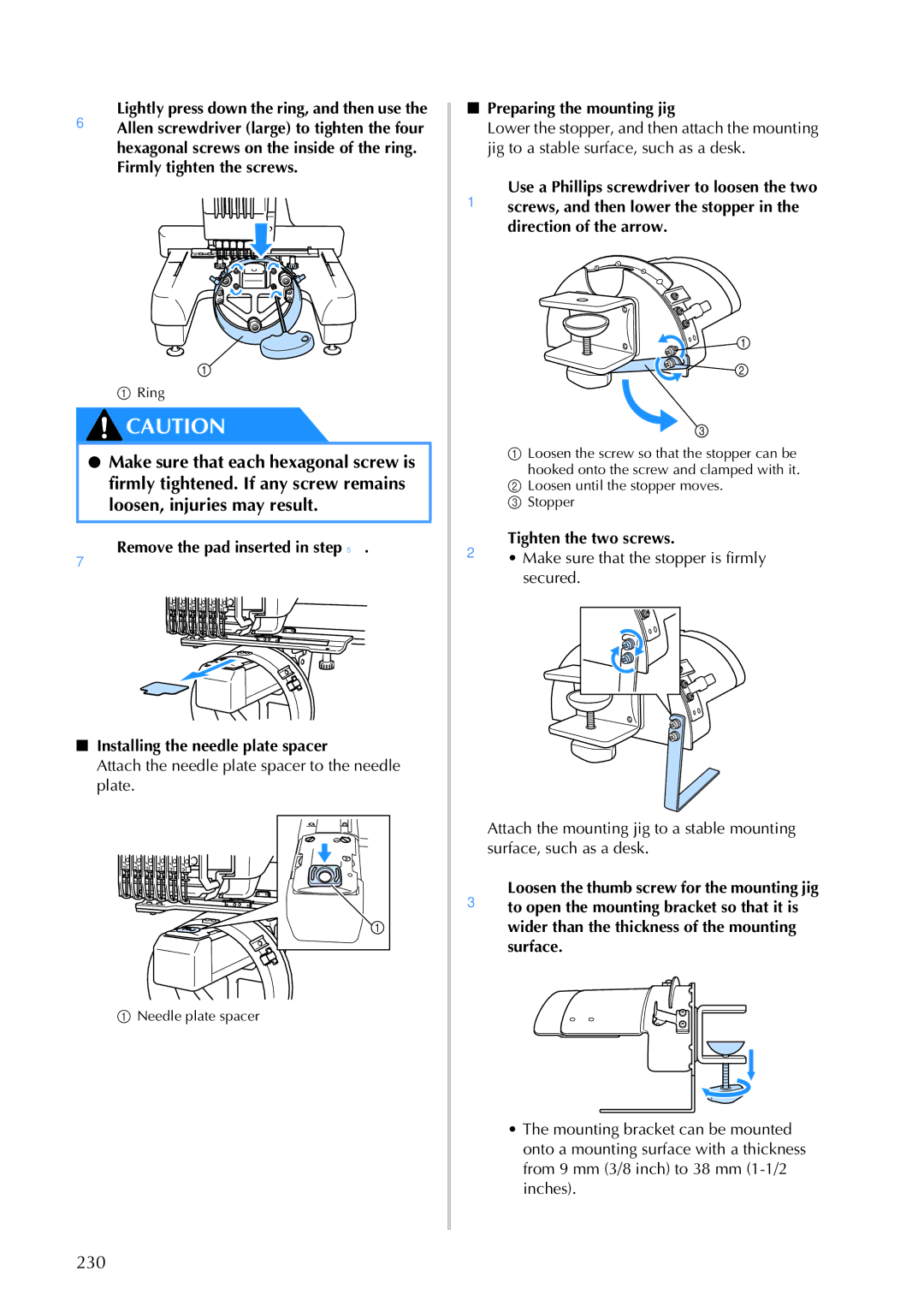 Brother PR-650 230, Firmly tighten the screws, Attach the needle plate spacer to the needle plate, 2Tighten the two screws 