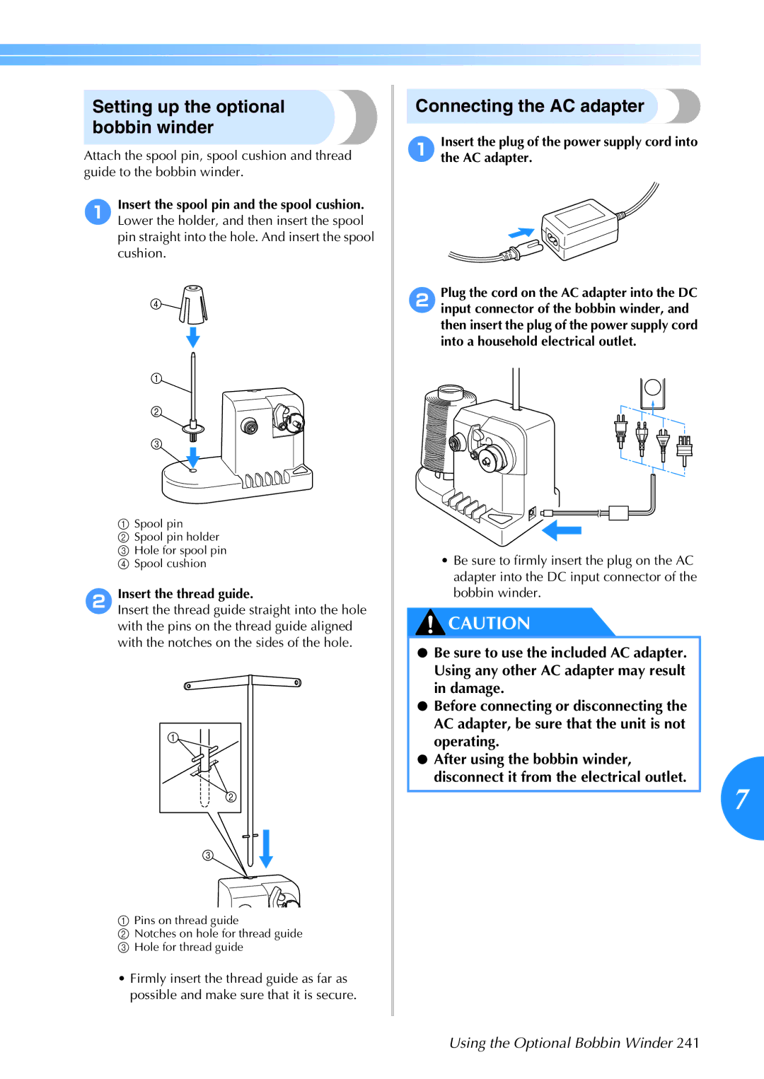 Brother 884-T05, PR-650 Setting up the optional bobbin winder, Connecting the AC adapter, Using the Optional Bobbin Winder 