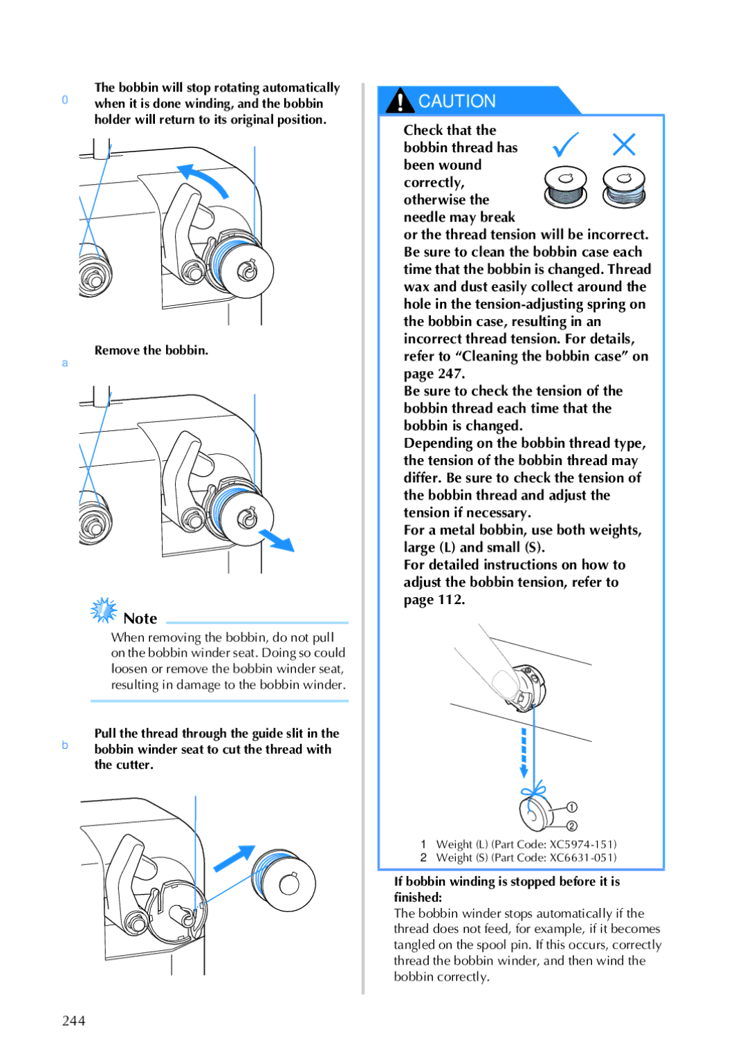 Brother PR-650, 884-T05 operation manual 244, ARemove the bobbin, Correctly, otherwise the needle may break 