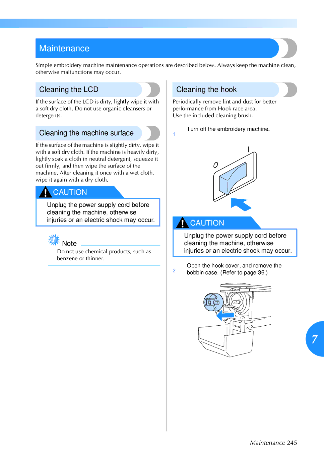 Brother 884-T05, PR-650 operation manual Maintenance, Cleaning the LCD, Cleaning the machine surface, Cleaning the hook 