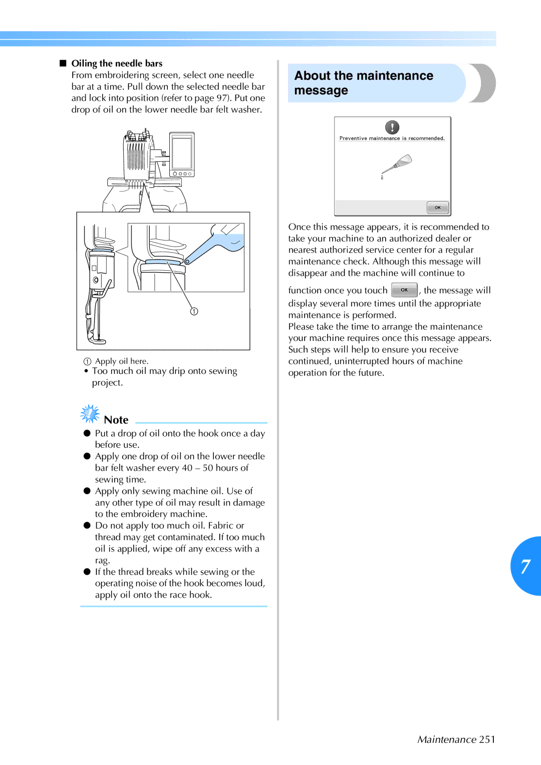 Brother 884-T05, PR-650 operation manual About the maintenance message, Oiling the needle bars 