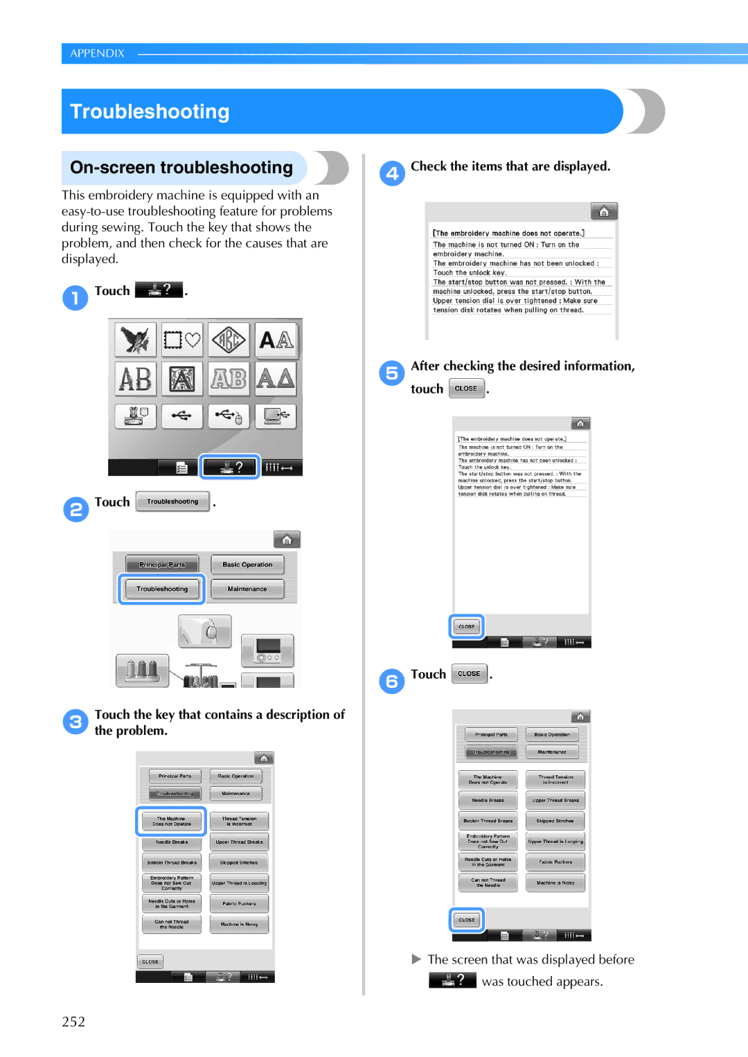 Brother PR-650, 884-T05 operation manual Troubleshooting, On-screen troubleshooting 