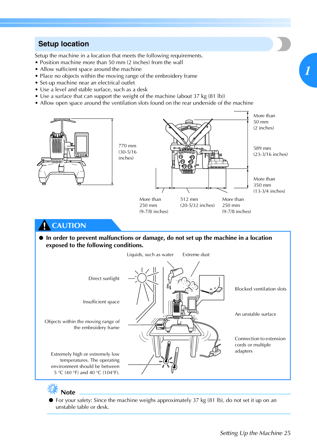 Brother 884-T05, PR-650 operation manual Setup location, Setting Up the Machine 