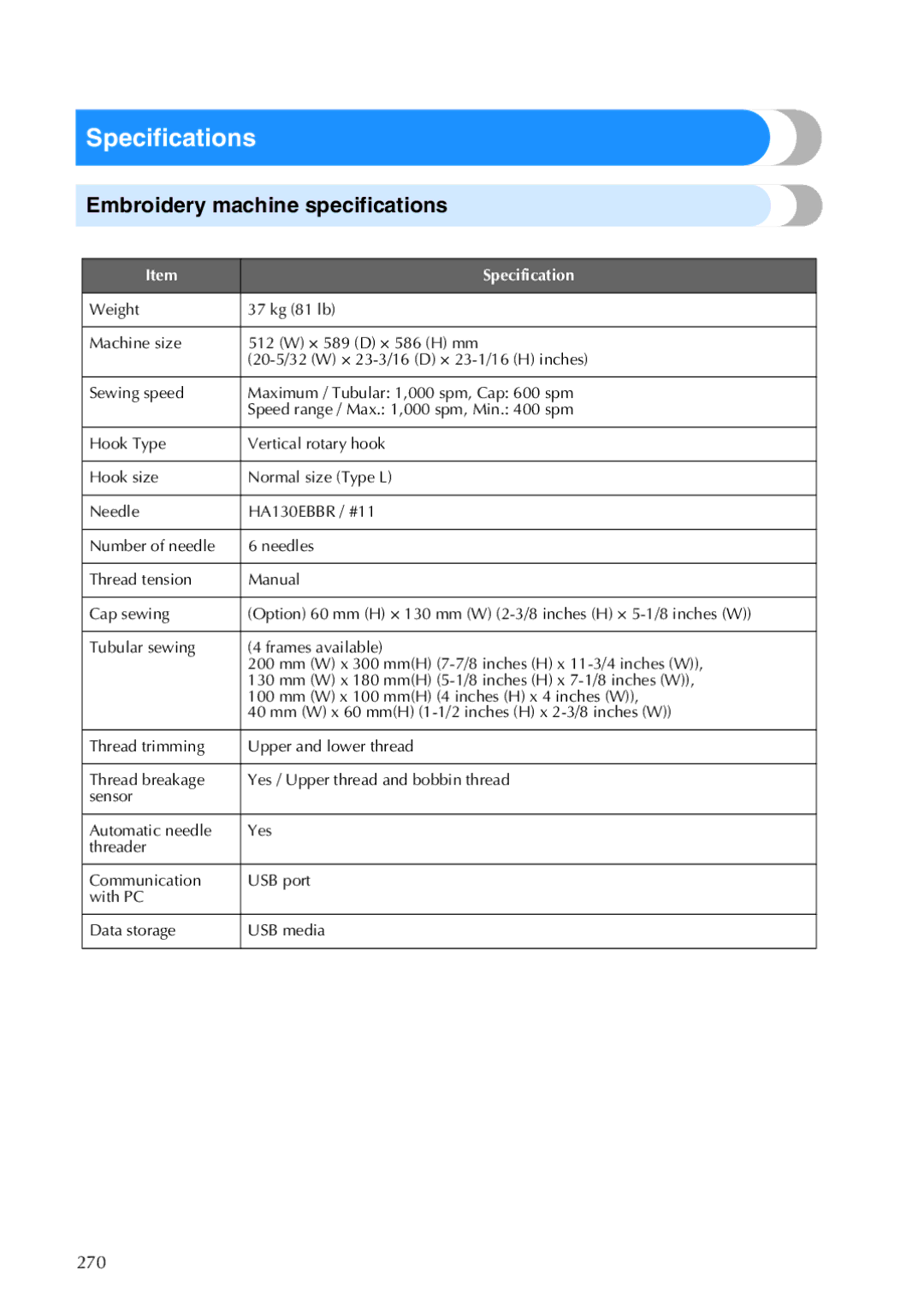 Brother PR-650, 884-T05 operation manual Specifications, Embroidery machine specifications 