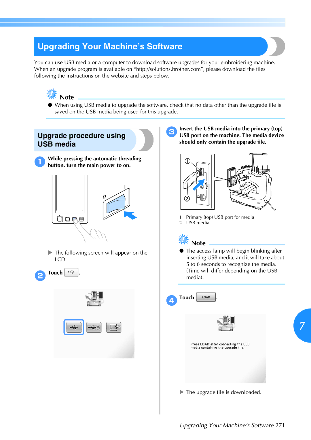 Brother 884-T05, PR-650 operation manual Upgrading Your Machine’s Software, Upgrade procedure using USB media 