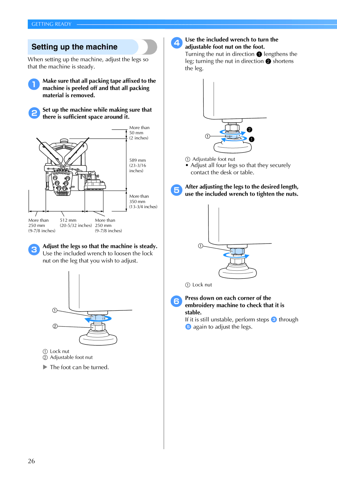 Brother PR-650, 884-T05 operation manual Setting up the machine, Foot can be turned 