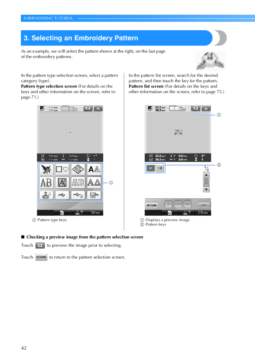 Brother PR-650, 884-T05 Selecting an Embroidery Pattern, Checking a preview image from the pattern selection screen 