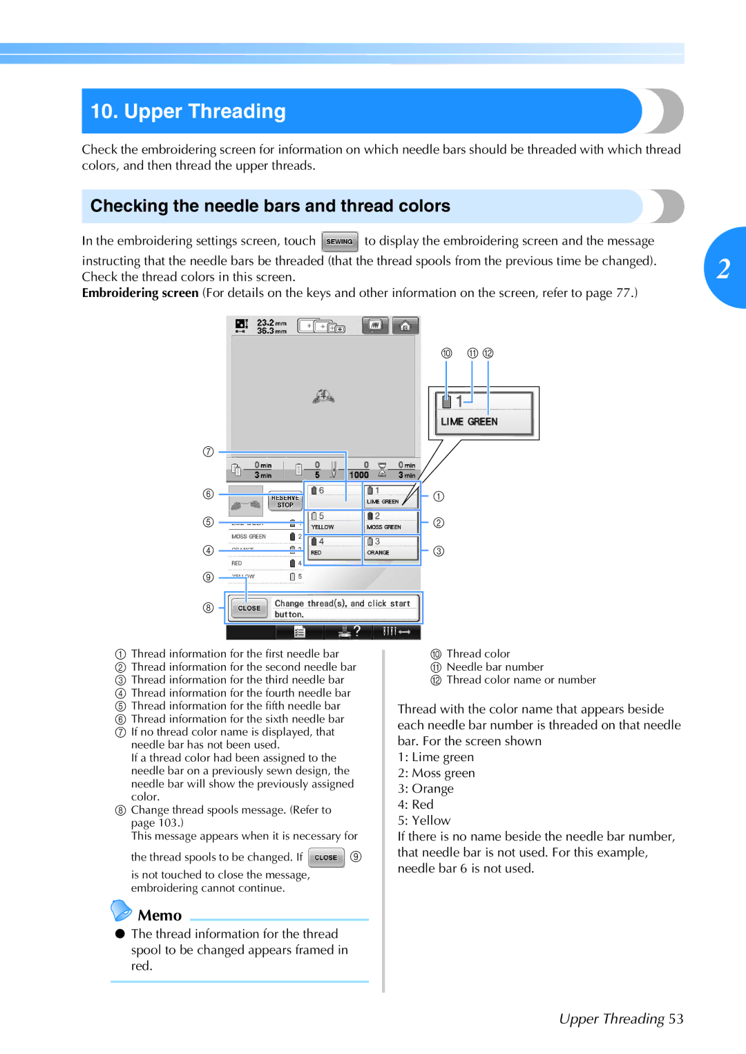 Brother 884-T05, PR-650 operation manual Upper Threading, Checking the needle bars and thread colors 