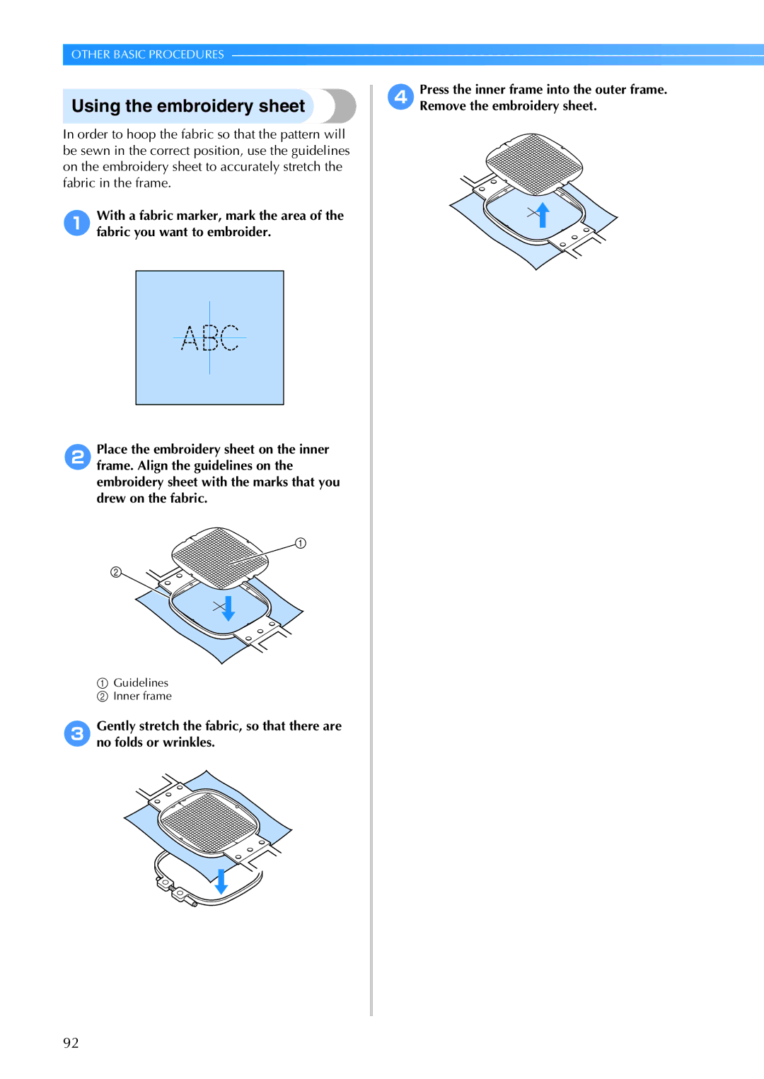 Brother PR-650, 884-T05 operation manual Using the embroidery sheet 