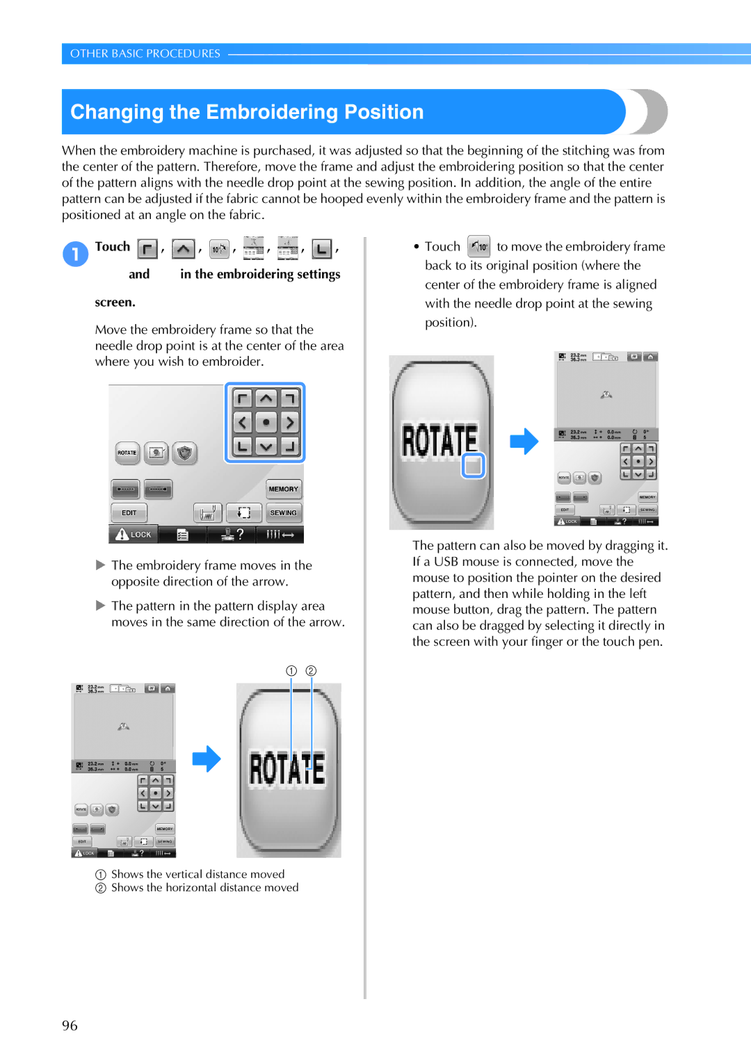 Brother PR-650, 884-T05 operation manual Changing the Embroidering Position, 1Touch Embroidering settings screen 