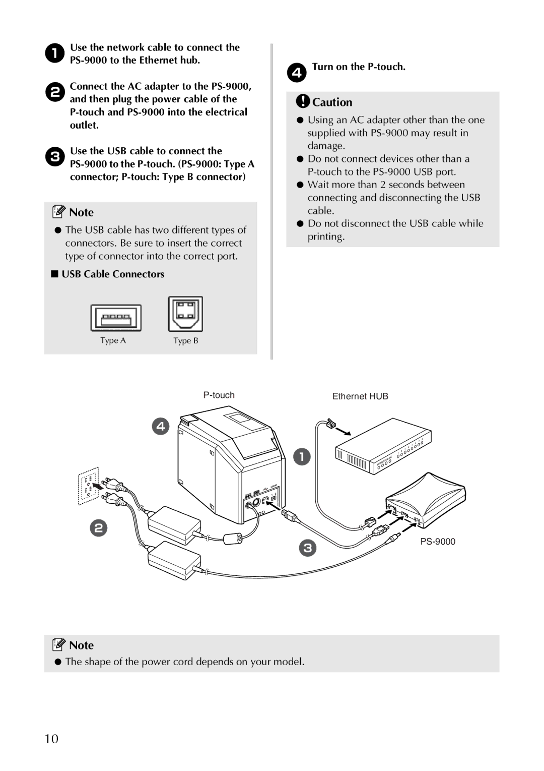 Brother PS-9000 user manual USB Cable Connectors, Turn on the P-touch 