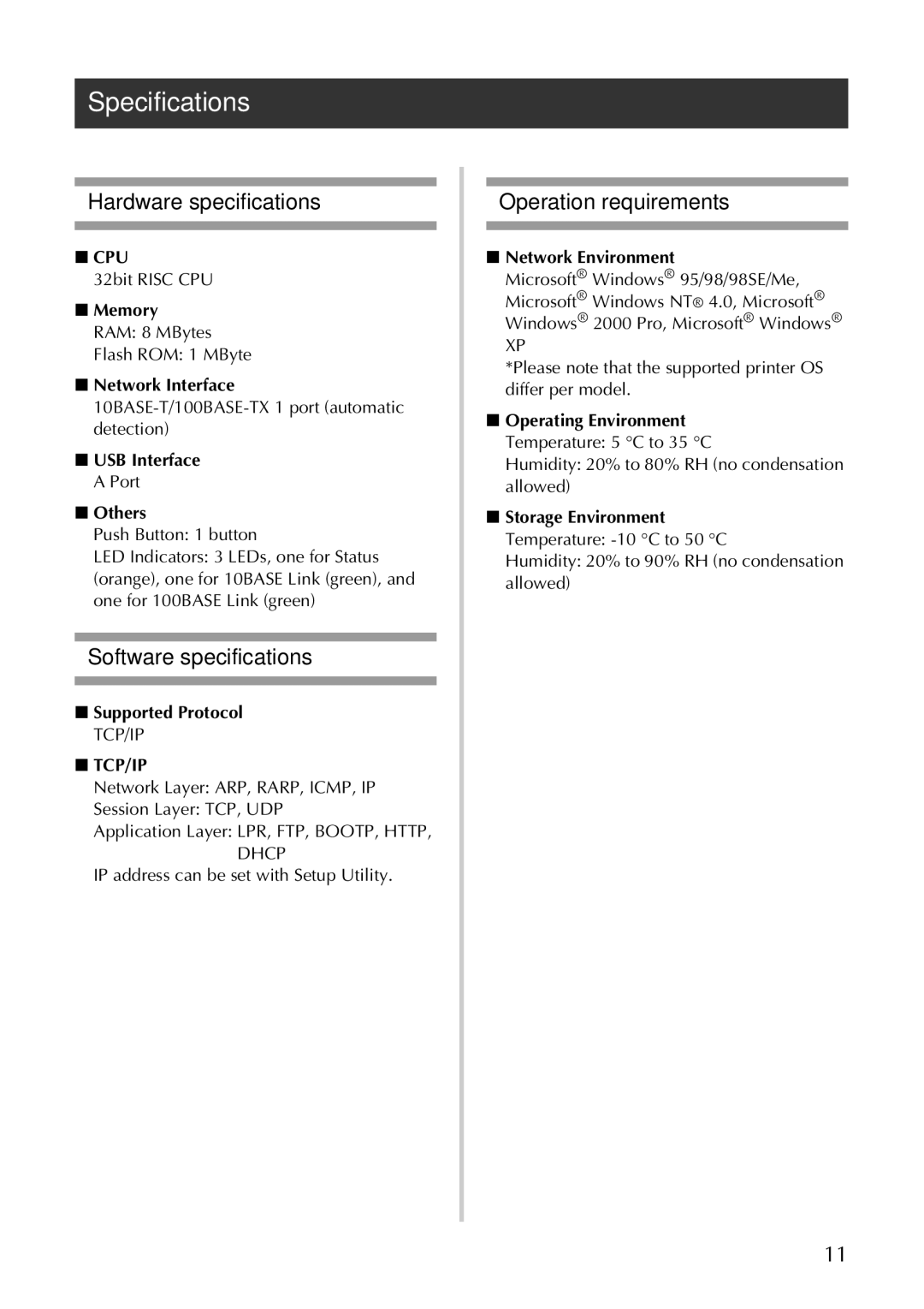 Brother PS-9000 user manual Specifications, Hardware specifications, Software specifications, Operation requirements 