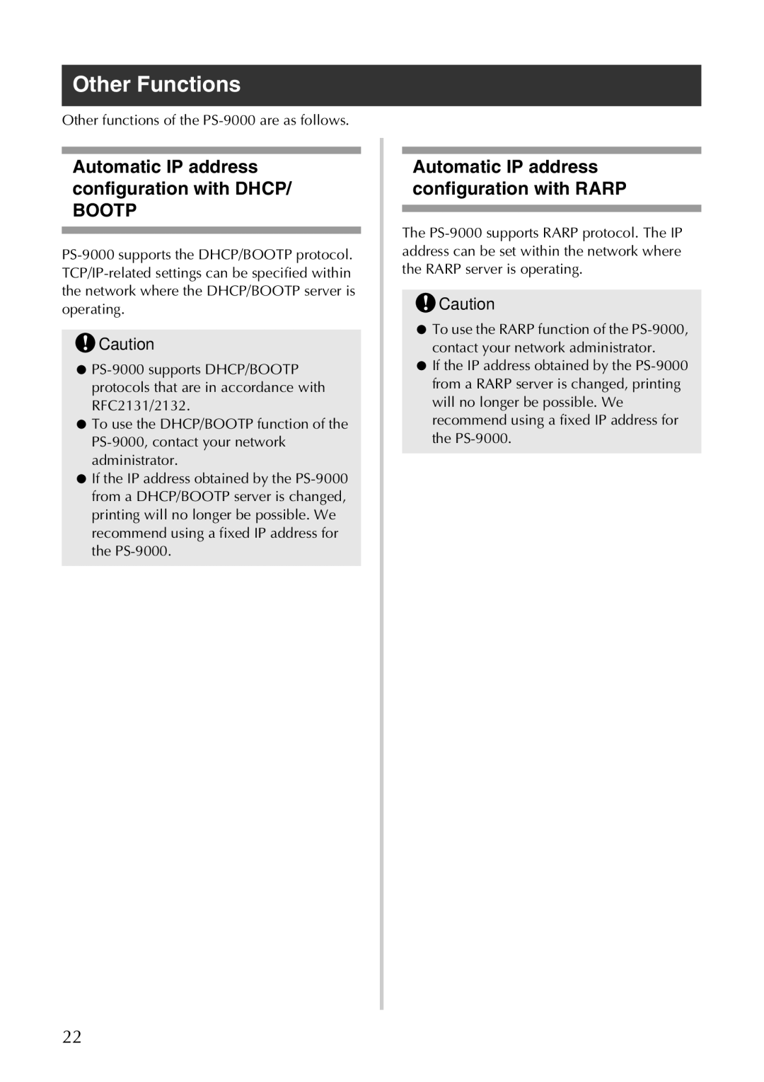 Brother PS-9000 user manual Other Functions, Automatic IP address configuration with Dhcp 