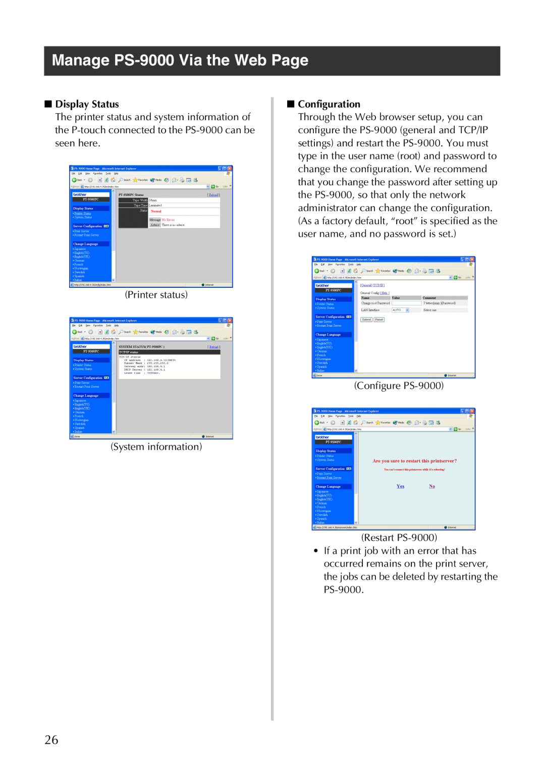 Brother user manual Manage PS-9000 Via the Web, Display Status, Configuration 