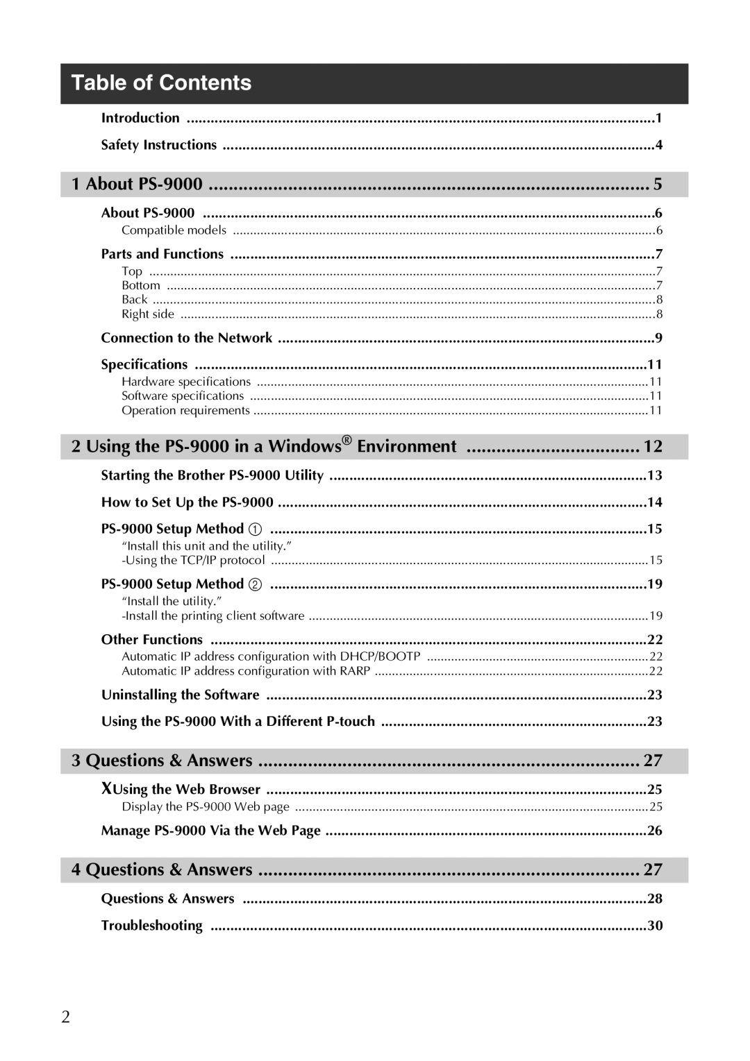 Brother PS-9000 user manual Table of Contents 