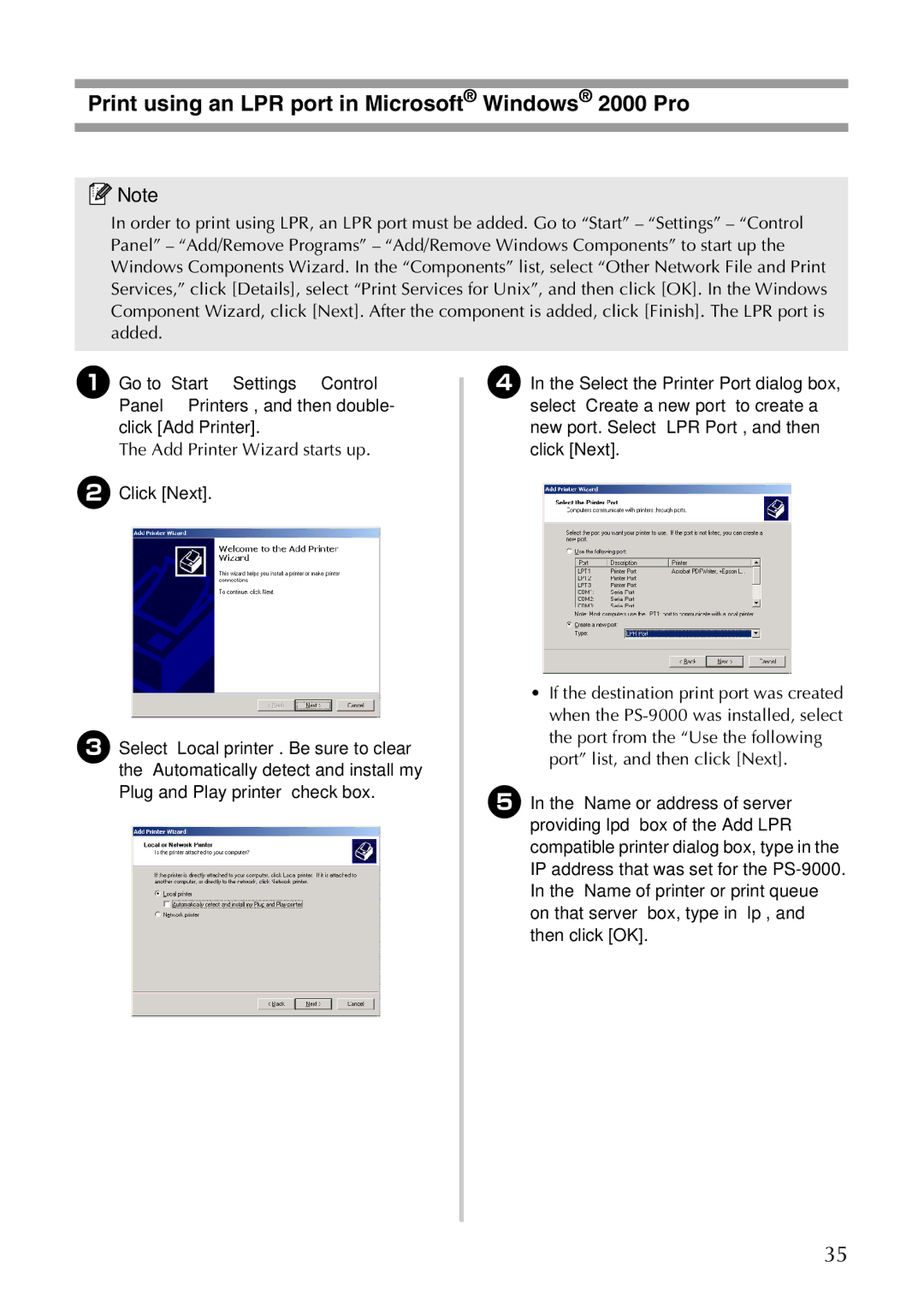 Brother PS-9000 user manual Print using an LPR port in Microsoft Windows 2000 Pro, Click Next 