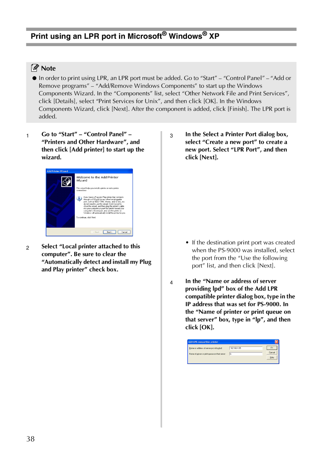 Brother PS-9000 user manual Print using an LPR port in Microsoft Windows XP 