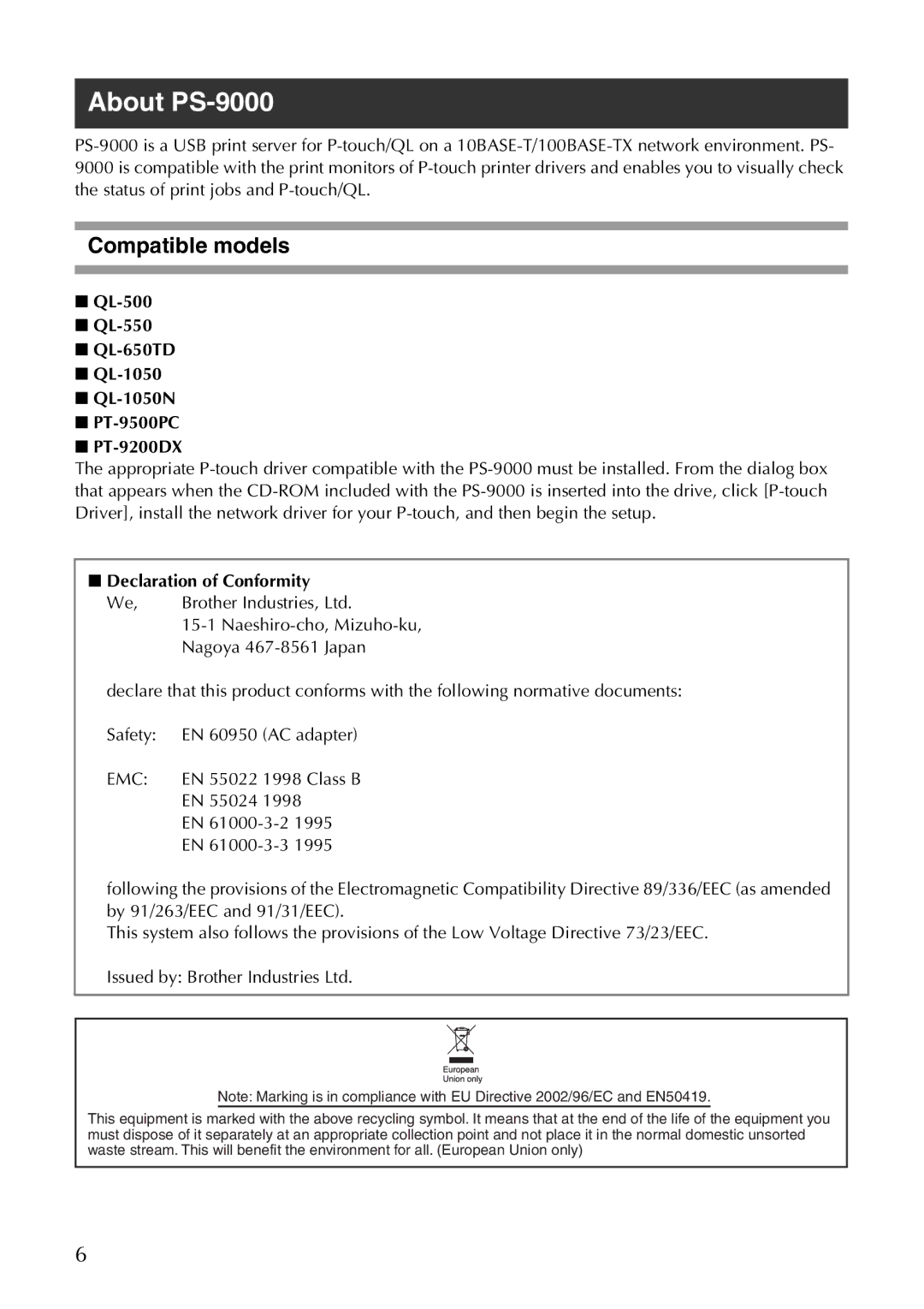 Brother user manual About PS-9000, Compatible models, QL-500 QL-550 QL-650TD QL-1050 QL-1050N PT-9500PC PT-9200DX 