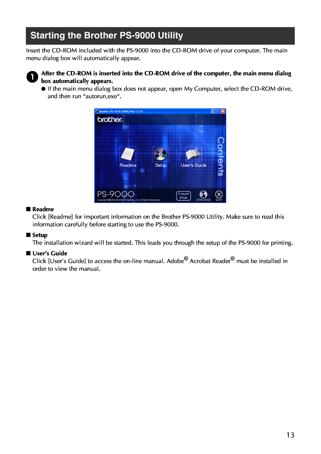 Brother user manual Starting the Brother PS-9000 Utility, Readme, Setup, User’s Guide 