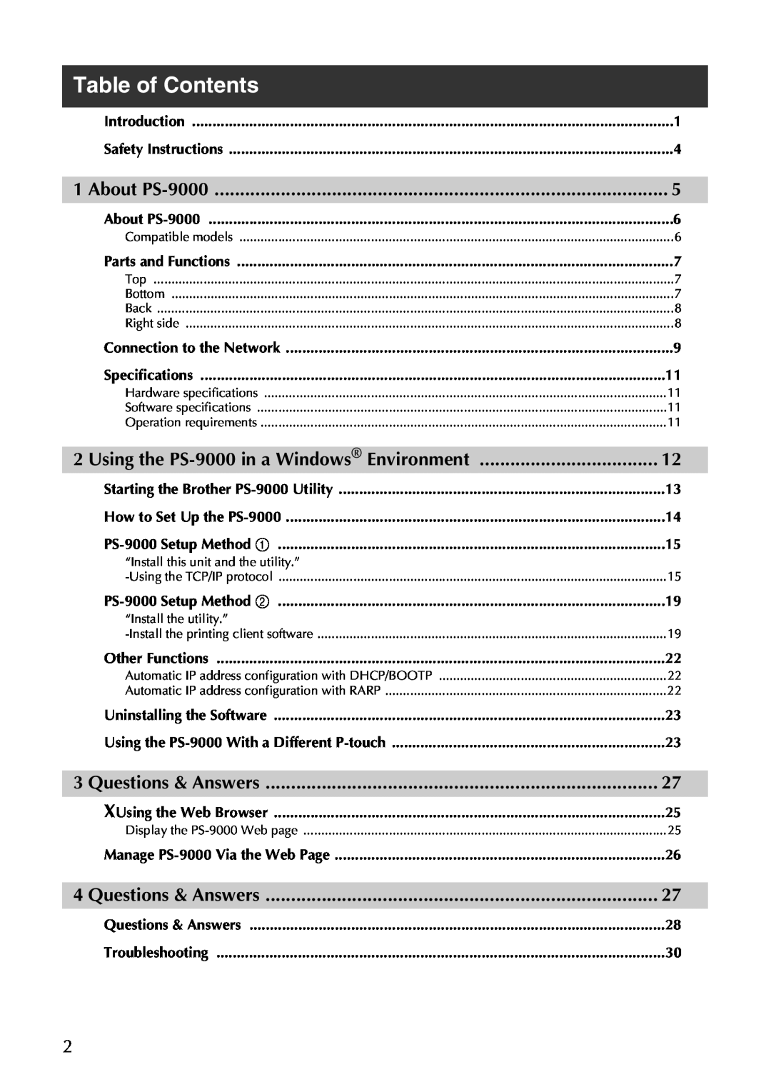 Brother user manual Table of Contents, About PS-9000, Using the PS-9000 in a Windows Environment, Questions & Answers 