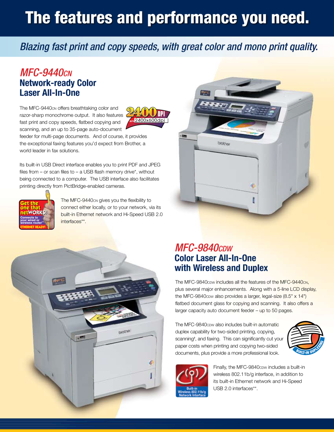 Brother PS9000 manual Features and performance you need, MFC-9440cn, MFC-9840cdw, MFC-9440CNoffers breathtaking color 